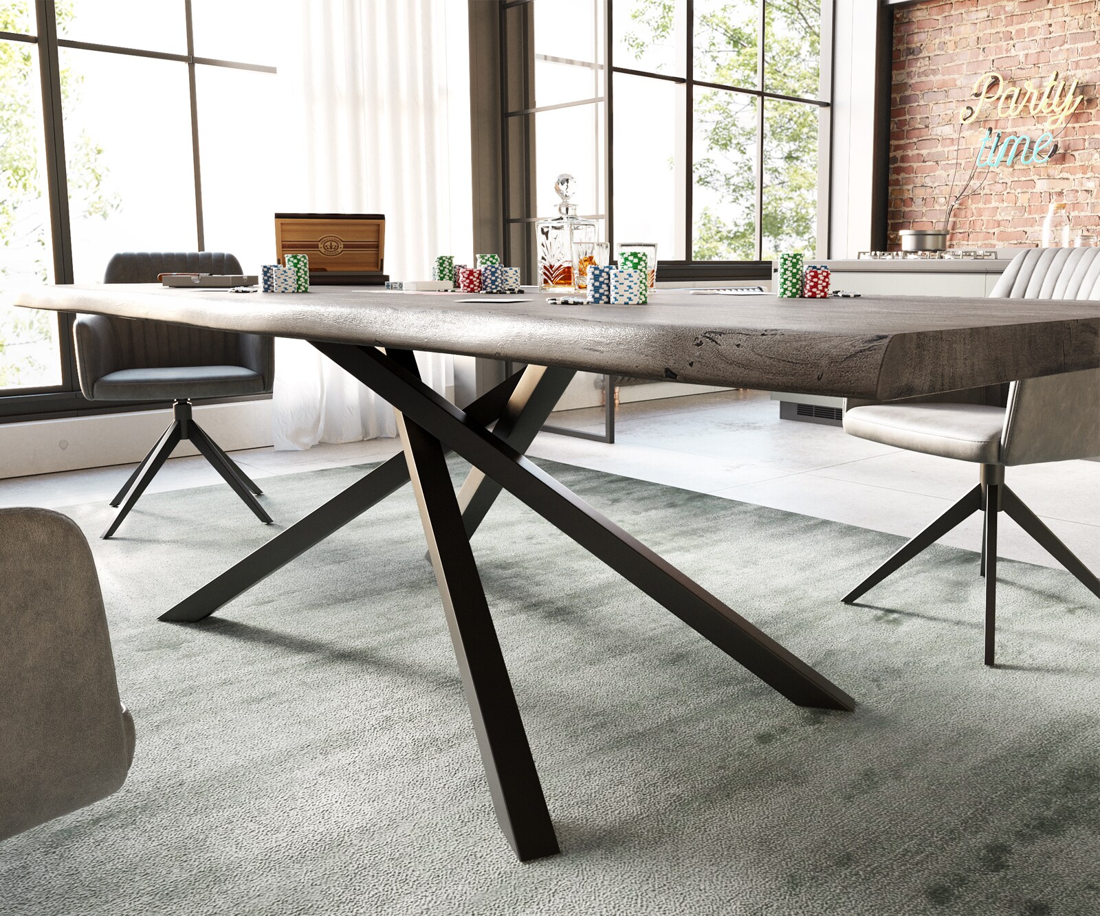 Table à manger Edge 260x100 XL acacia platine cadre croisé rectangle noir Live-Edge 5
