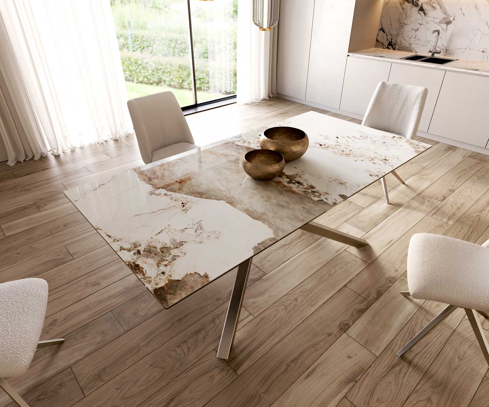 Table à manger Edge 200x100 céramique Minas mélange blanc-beige cadre croisé rectangulaire acier inoxydable 6