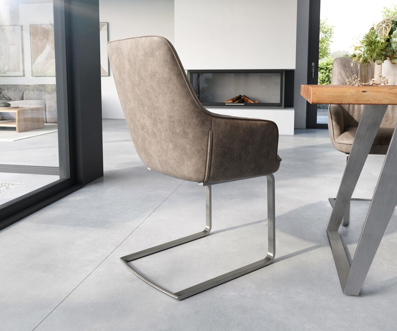 Cantilever Zelia-Flex avec accoudoirs microvelours taupe vintage pied cantilever plat acier inoxydable brossé ressorts ensachés 4