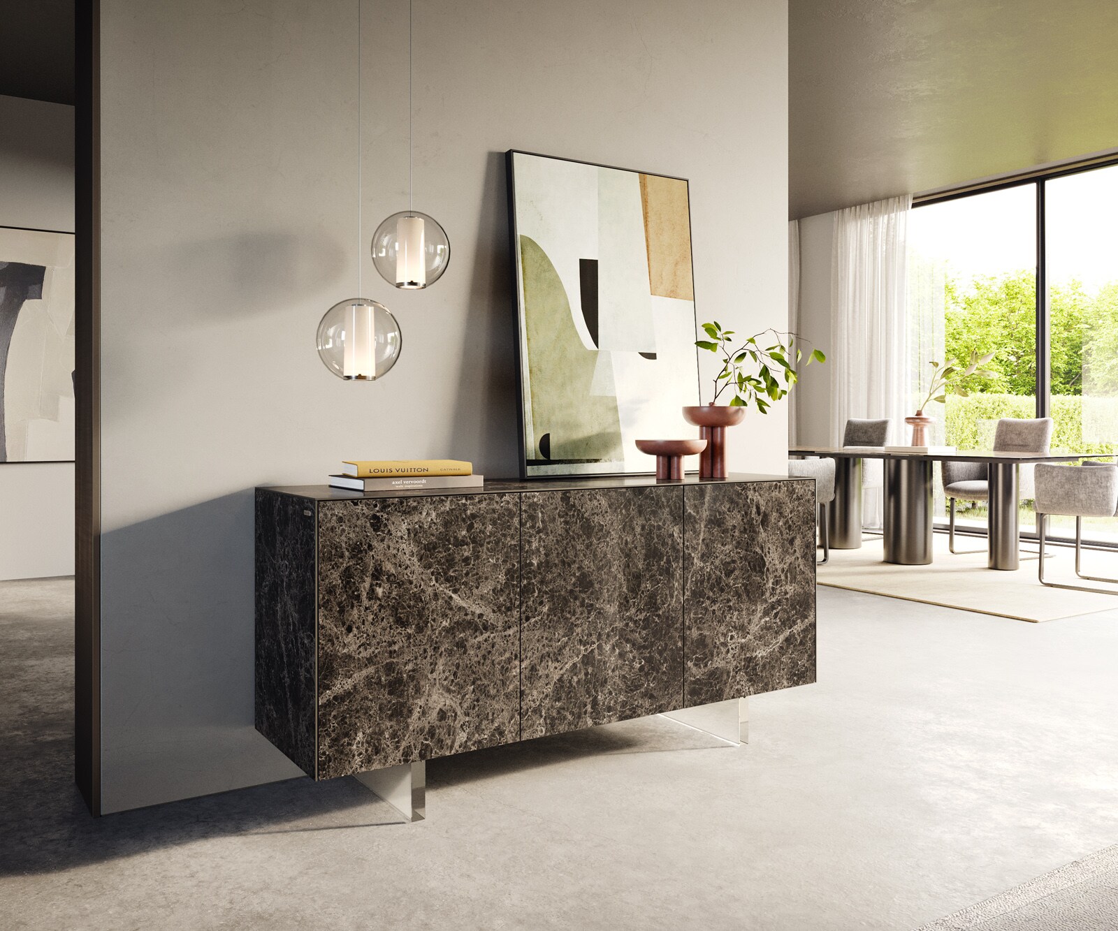 Buffet Cuor 150 cm Céramique Emperador Extra Lucidato brun foncé 3 Portes Pied optique flottant Verre acrylique 1