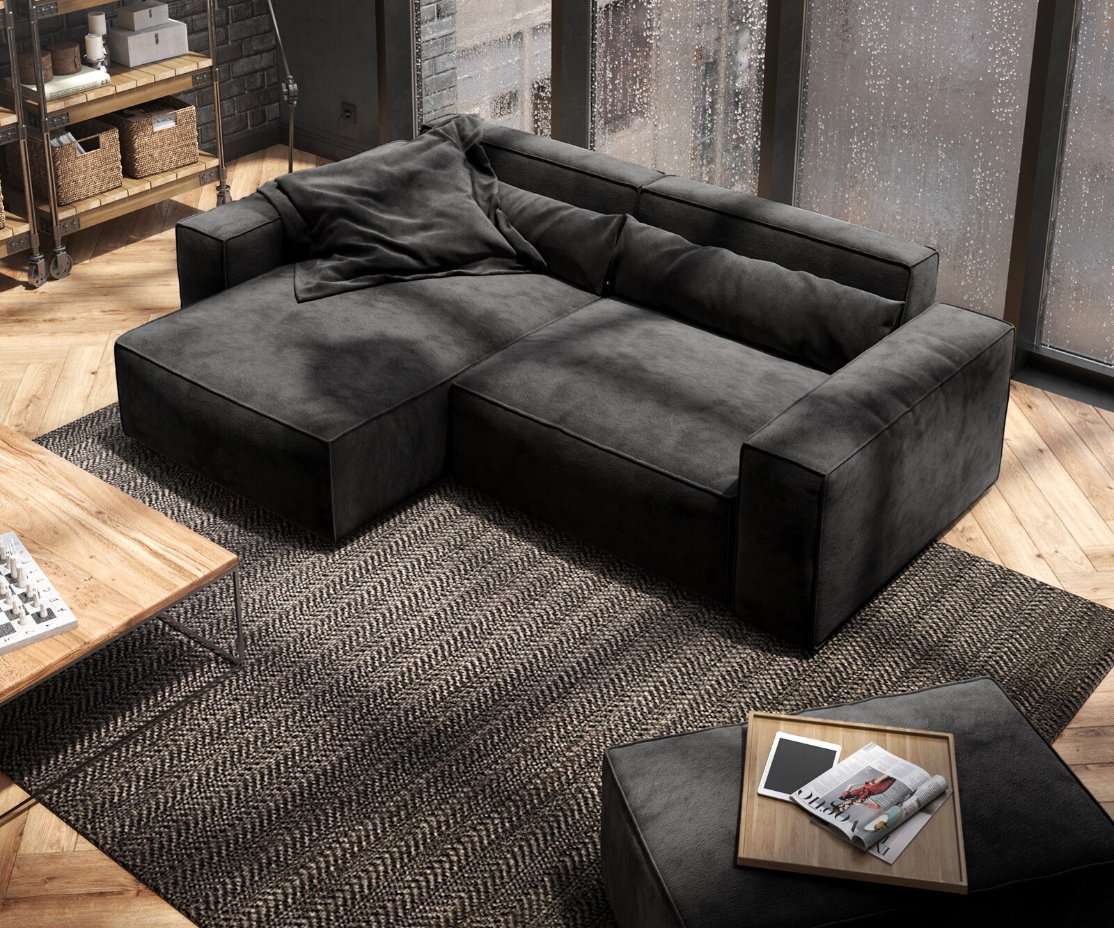 Canapé d'angle Sirpio 230x150 cm Microfibre Noir Recamiere variable avec Tabouret 3