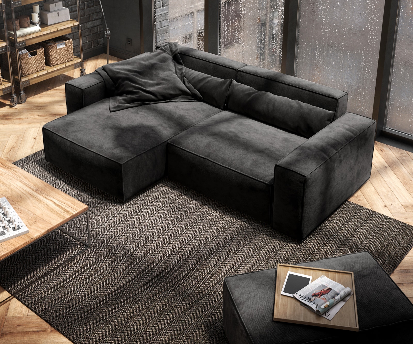 Canapé d'angle Sirpio 230x155 cm Microfibre Noir Recamiere variable avec Tabouret 3 Canapé d'angle Sirpio 230x155 cm Microfibre Noir Recamiere variable avec Tabouret 3