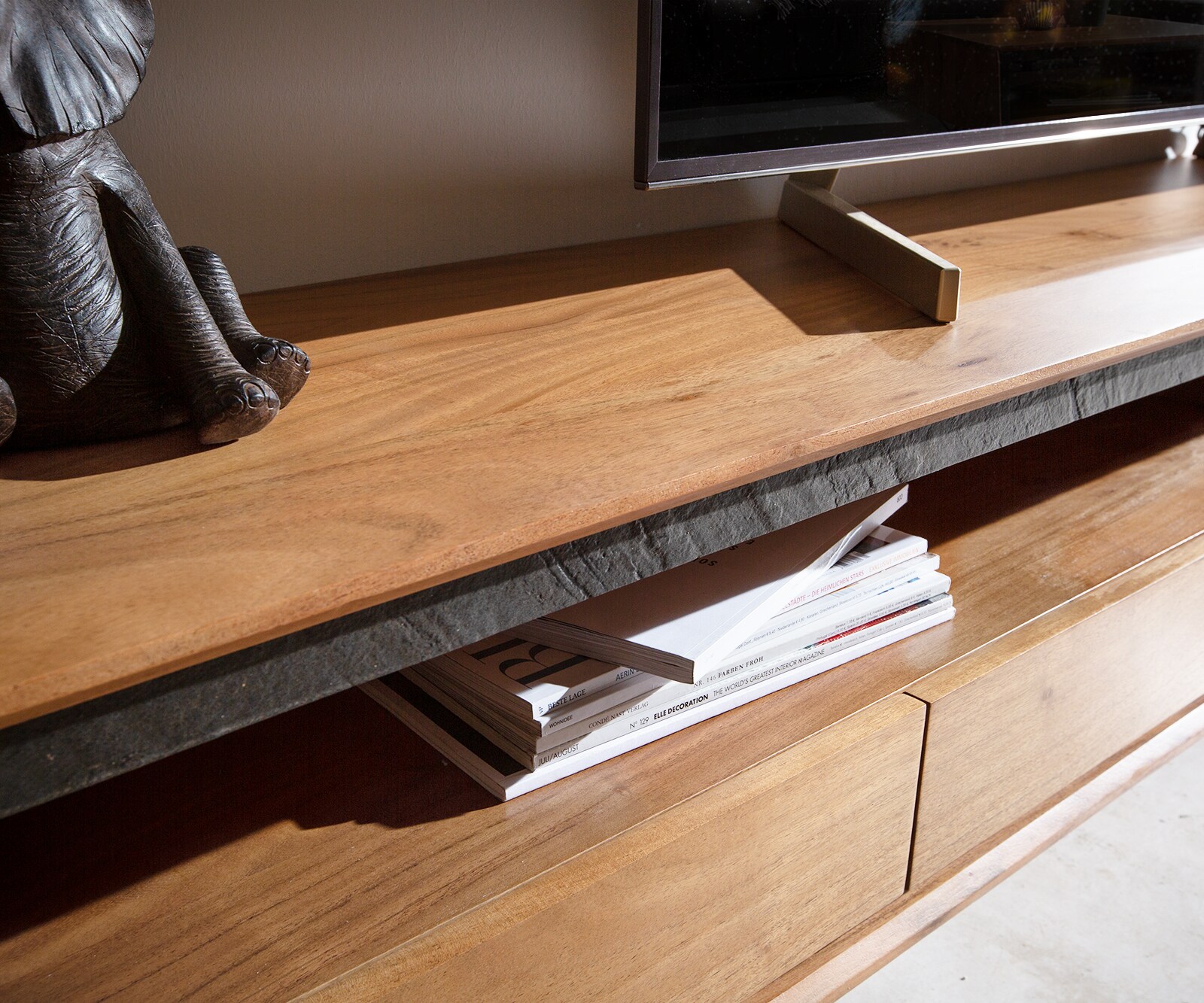 Buffet bas Stonegrace 240 cm acacia nature 2 compartiments 4 tiroirs placage en pierre flottant 3