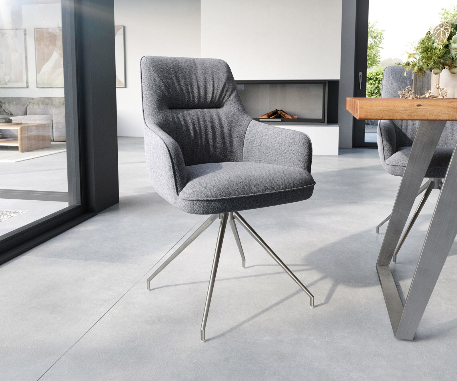 Chaise-de-salle-à-manger Zelia-Flex avec accoudoirs tissu texturé gris clair pied croisé conique acier inoxydable brossé ressorts ensachés
