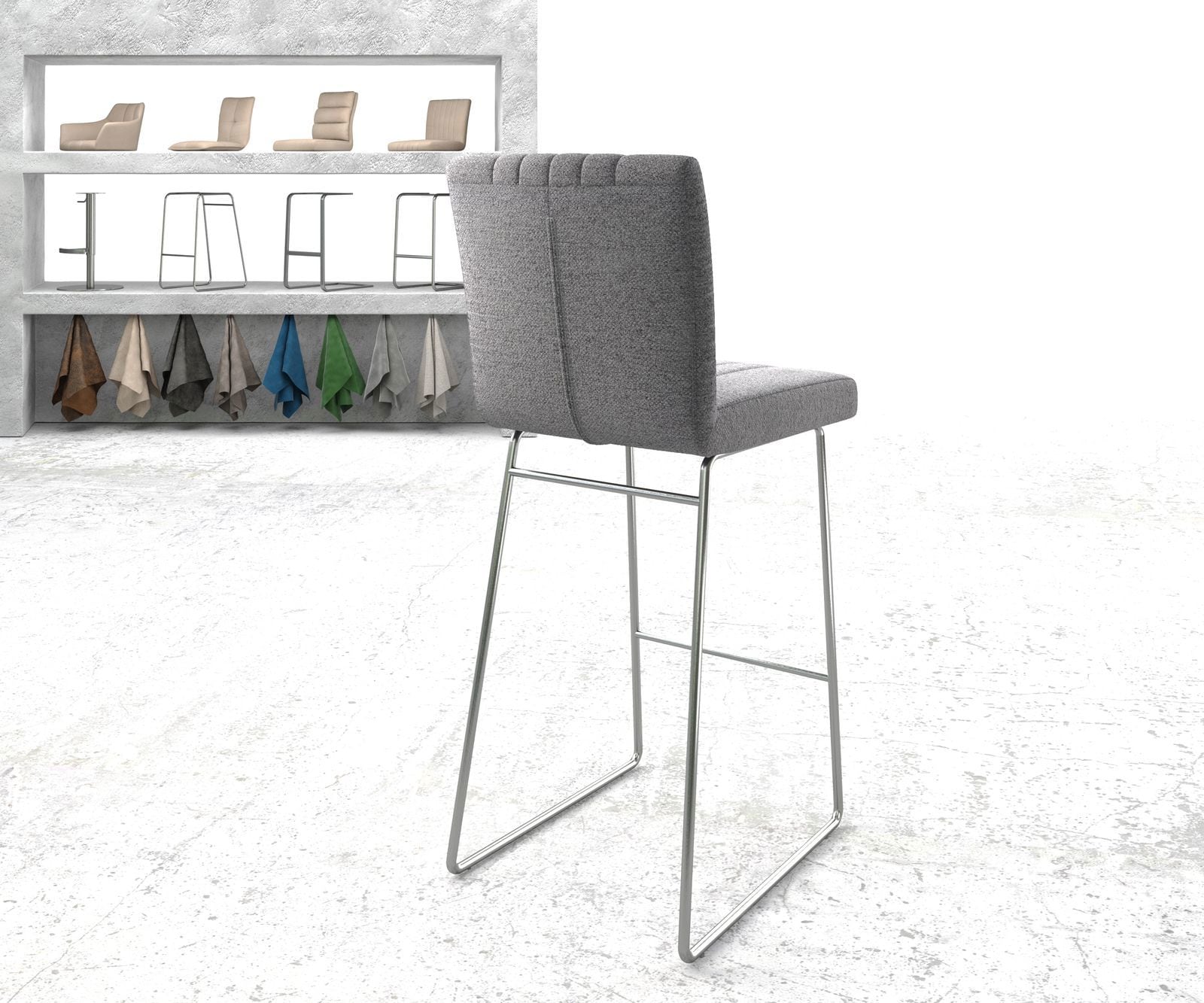 Chaise-de-bar Luiga-Flex tissu texturé gris clair cadre de patins acier inoxydable 2 Chaise-de-bar Luiga-Flex tissu texturé gris clair cadre de patins acier inoxydable 2