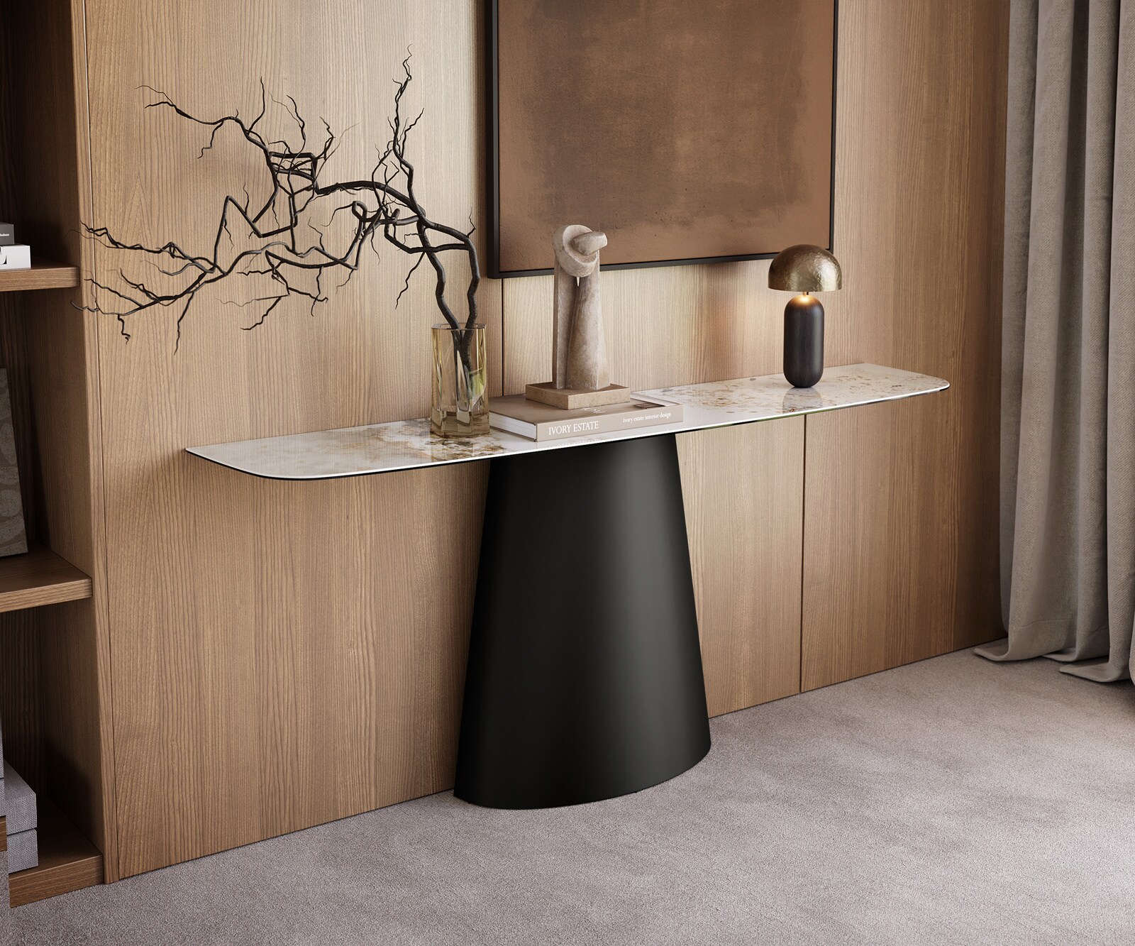 Console Edge forme bateau 180x40 cm Céramique Minas Melange Weiß-Beige Conos Métal Noir