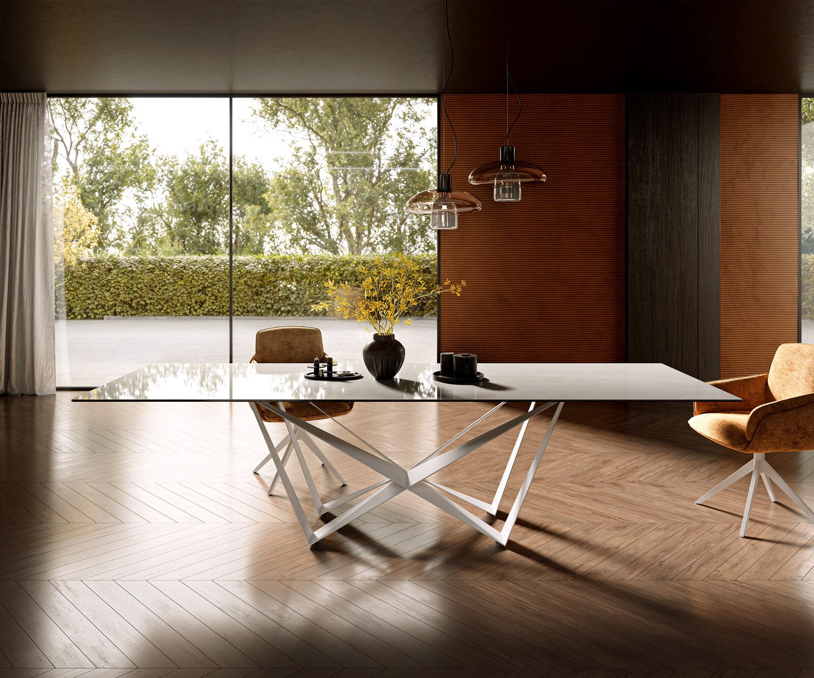 Table à manger Edge 300x100 cm céramique Onyx Champagne Spider métal blanc 1
