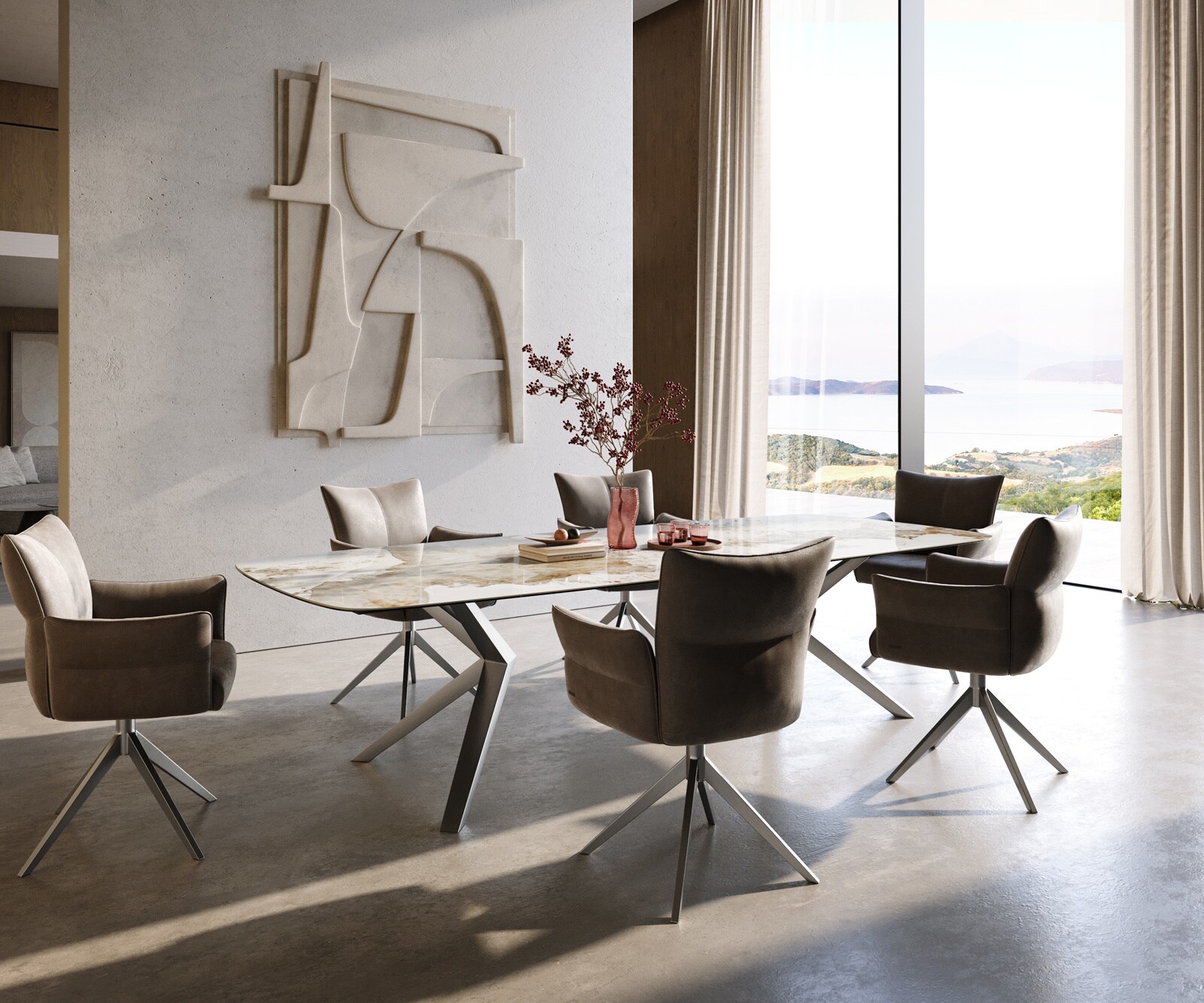 Table à manger Edge Boot 300x120 cm Céramique Minas Melange Blanc-Beige Zenthara anguleux Acier inoxydable 6