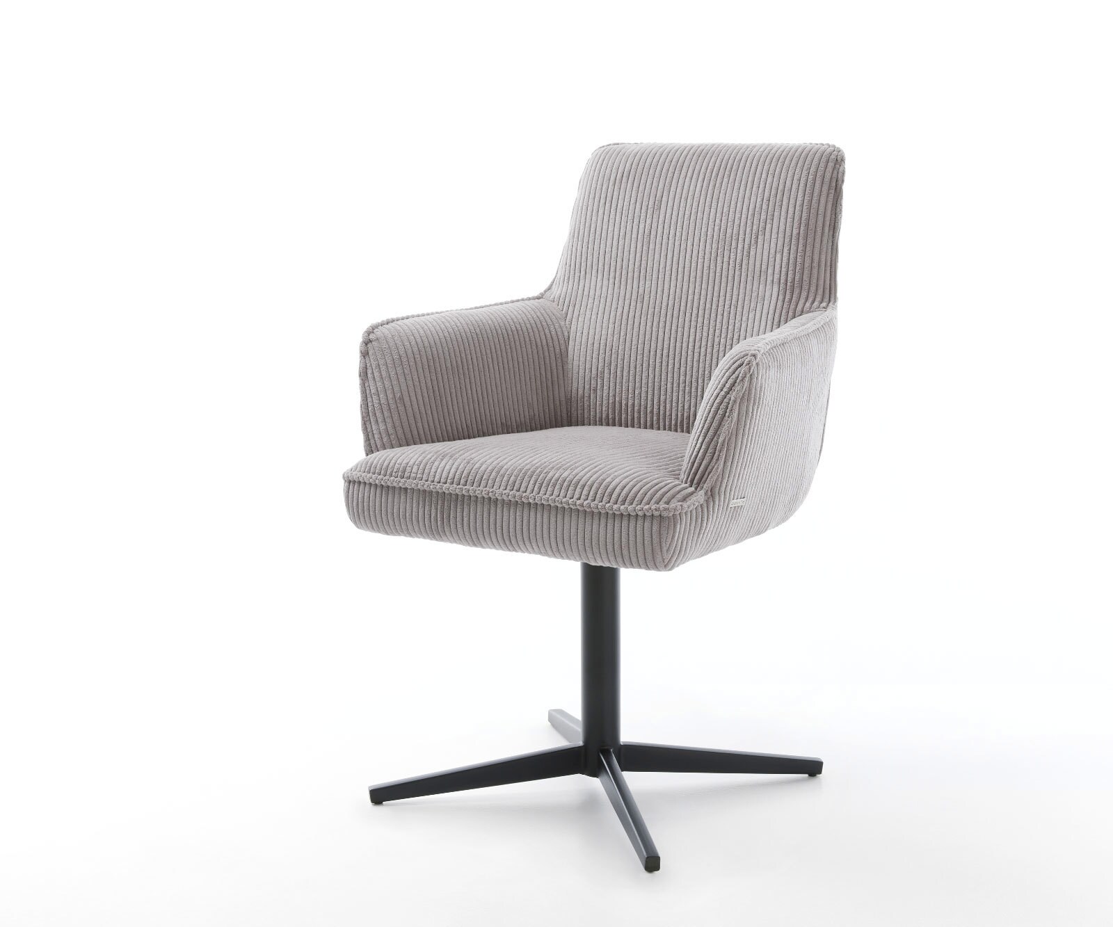 Chaise-pivotante Heira-Flex avec accoudoirs côtelé gris argenté pied de chaise 4 branches noir pivotement sur 360° ressorts ensachés