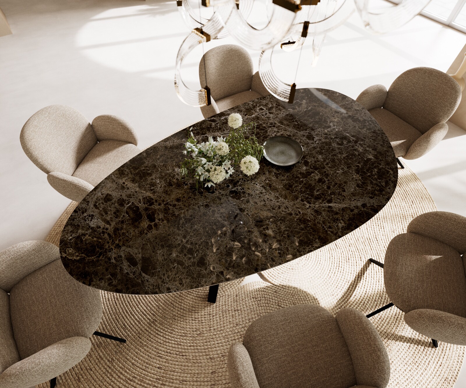 Table de salle à manger Edge Ovale Céramique Emperador Extra Lucidato Brun foncé 220x120 Zenthara angulaire Métal Noir 2