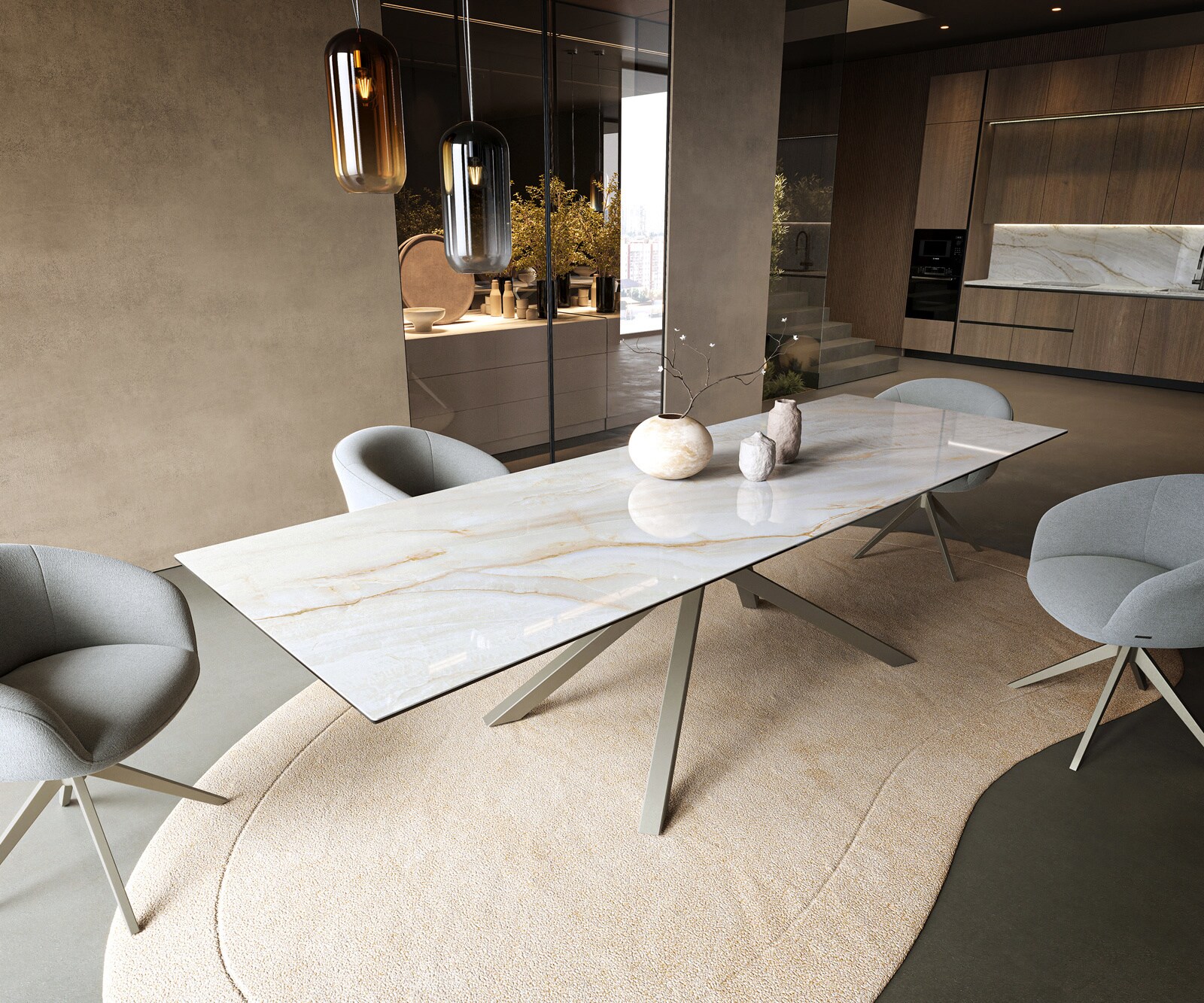 Table à manger Edge 300x100 cm céramique Onyx Pearl piètement croisé rectangulaire finition effet titane 1