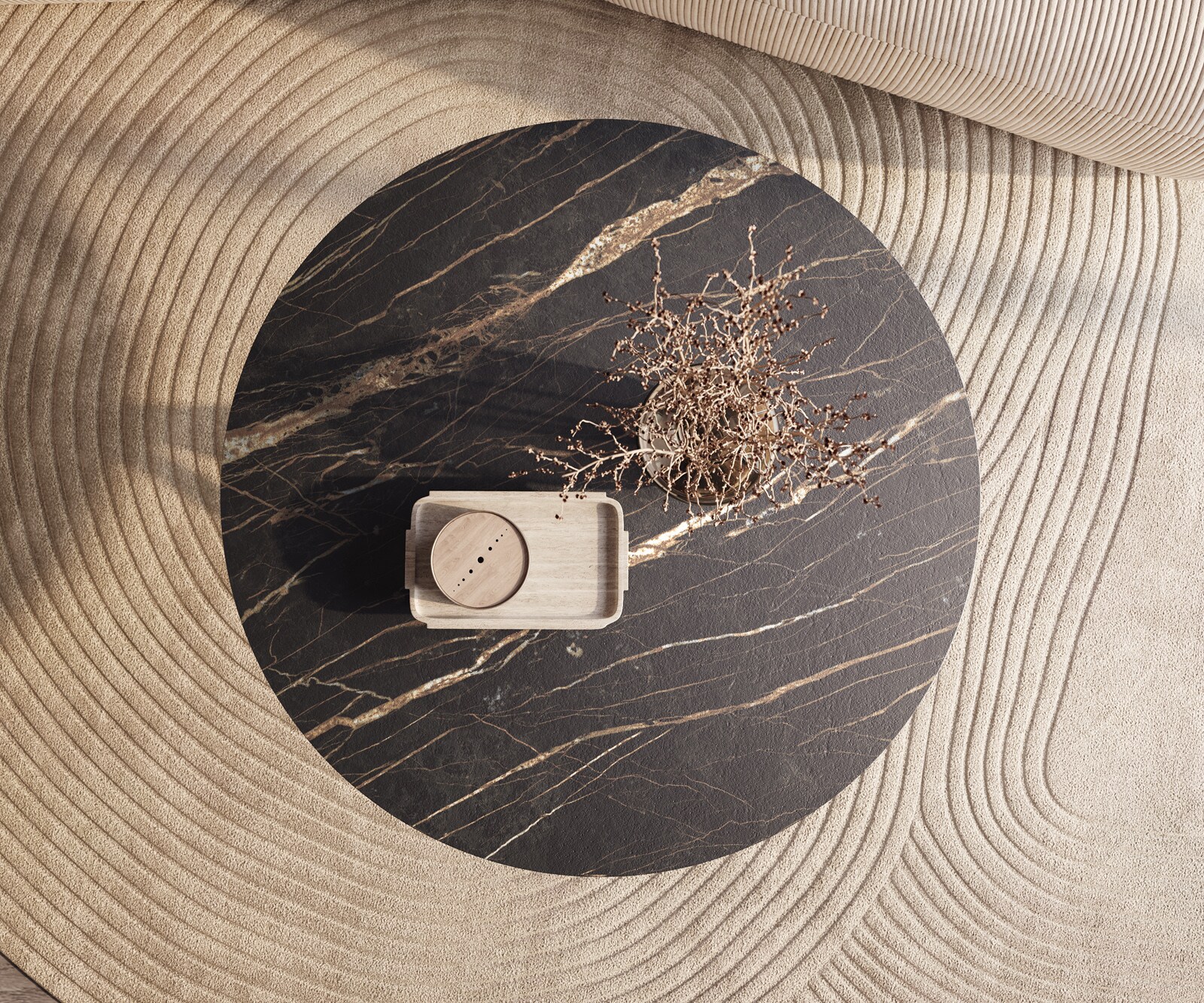 Table basse Edge rond 100x100 cm céramique Laminam® Noir Desir brun Sarity métal noir 2