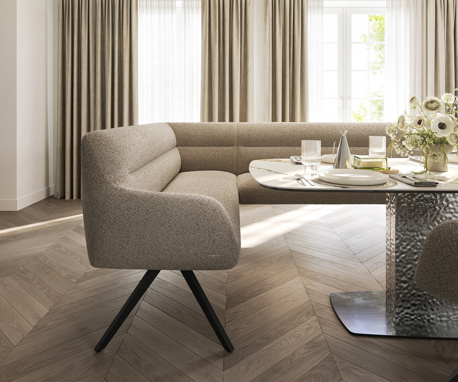 Banc-de-salle-à-manger Taya-Flex 285x190 cm bouclé boue pied croisé angulaire noir ressort ensaché à droite 5