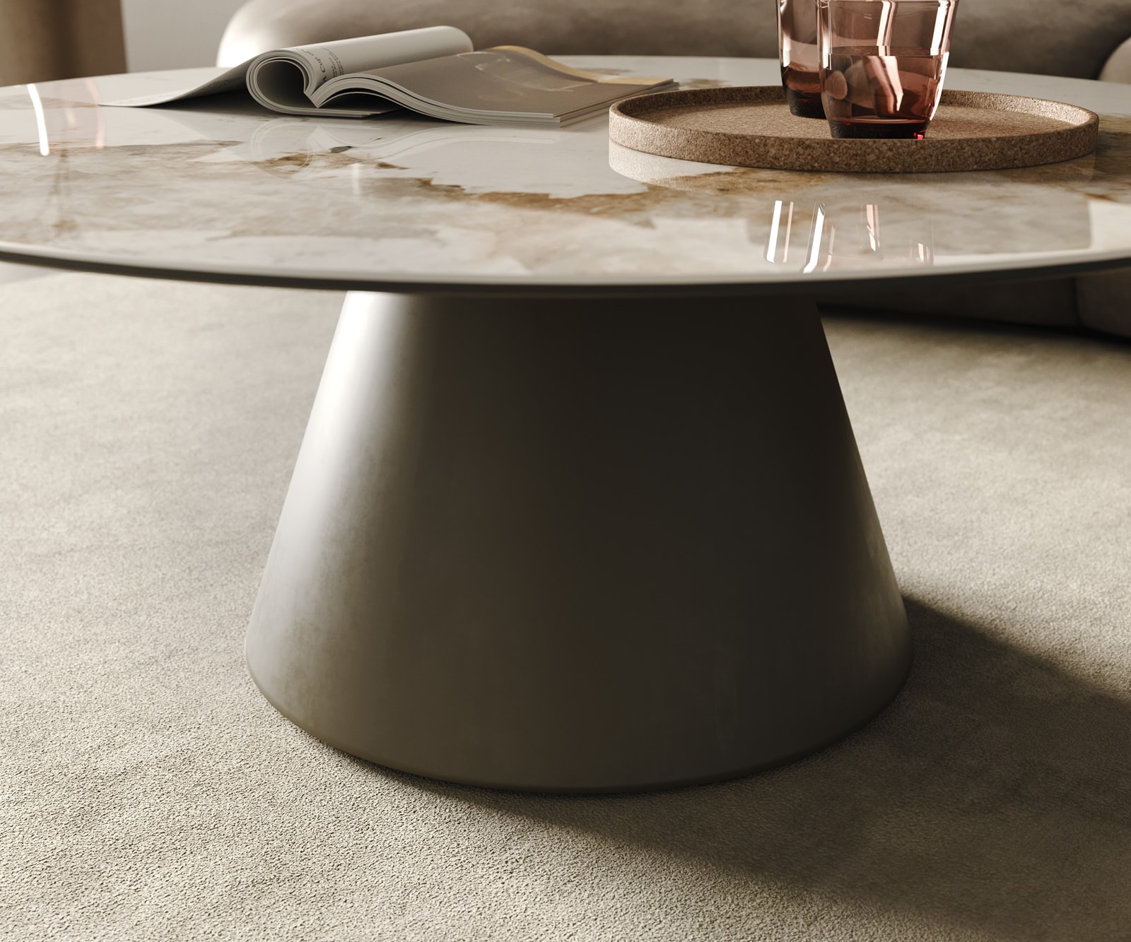 Table-basse Borna 100x100 cm Céramique Minas Melange Blanc-Beige Piétement Conique Finition Effet Titane 5