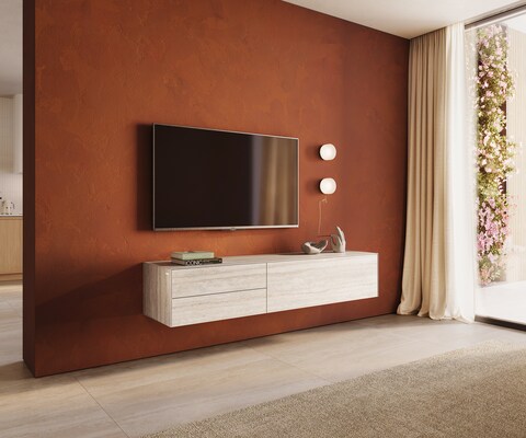 Meuble-TV Cuor 180 cm Céramique Laminam® Travertino Bianco Crème-blanc 1 Clapet 2 Tiroirs Flottant