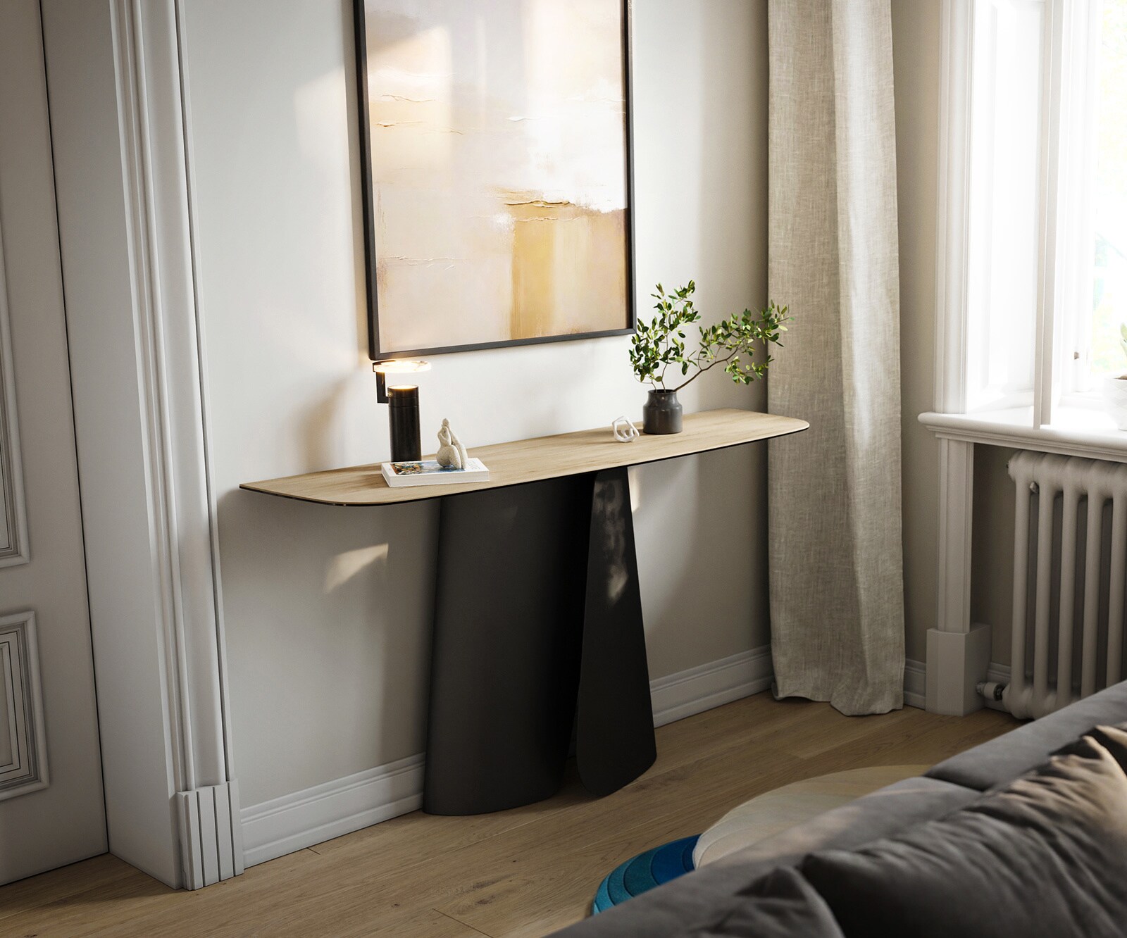 Console Edge forme bateau 140x40 cm Céramique Laminam® Sabbia Eichefarbig Livos Métal Noir 4