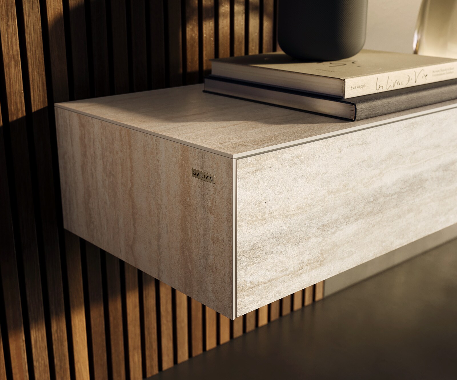 Meuble-TV Cuor 250 cm Céramique Laminam® Travertino Bianco Crème-blanc 1 Clapet 1 Tiroir Flottant 6