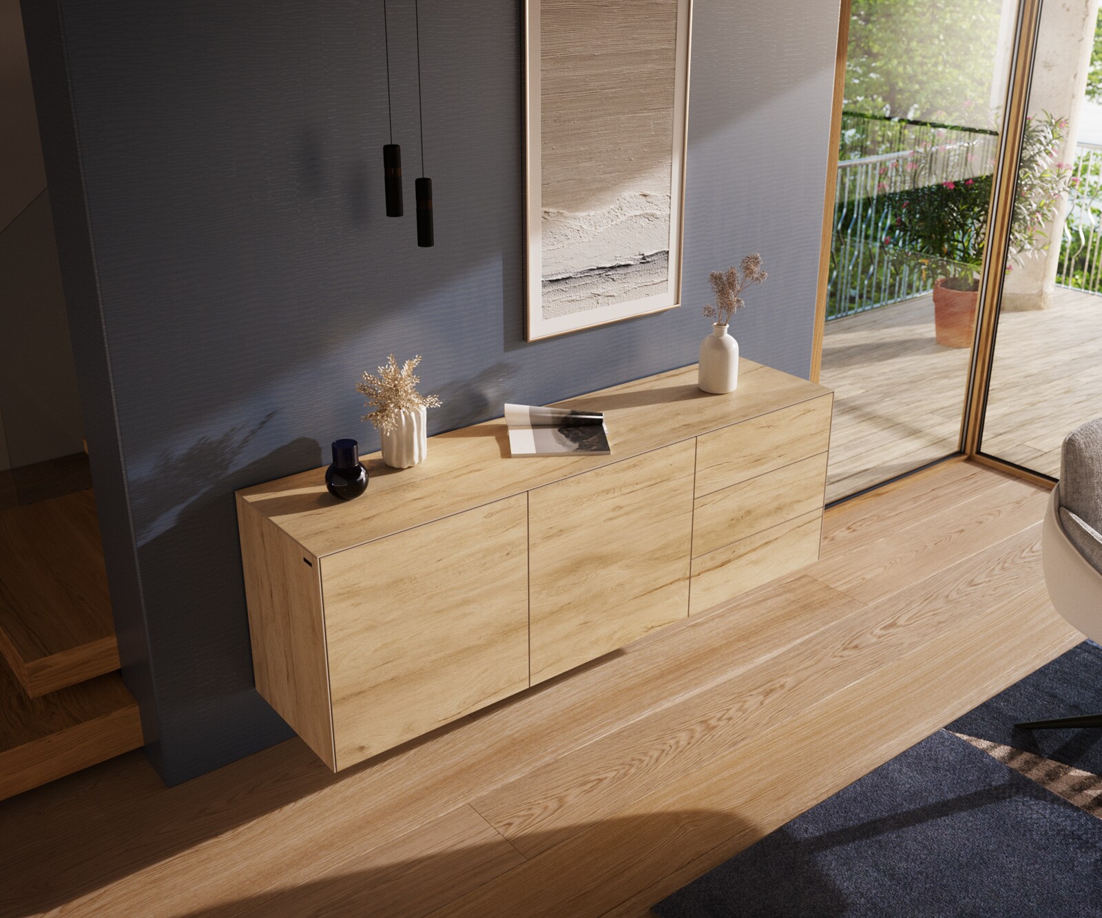 Buffet Cuor 180 cm Céramique Laminam® Sabbia Teinte chêne 2 Portes 3 Tiroirs Flottant 4