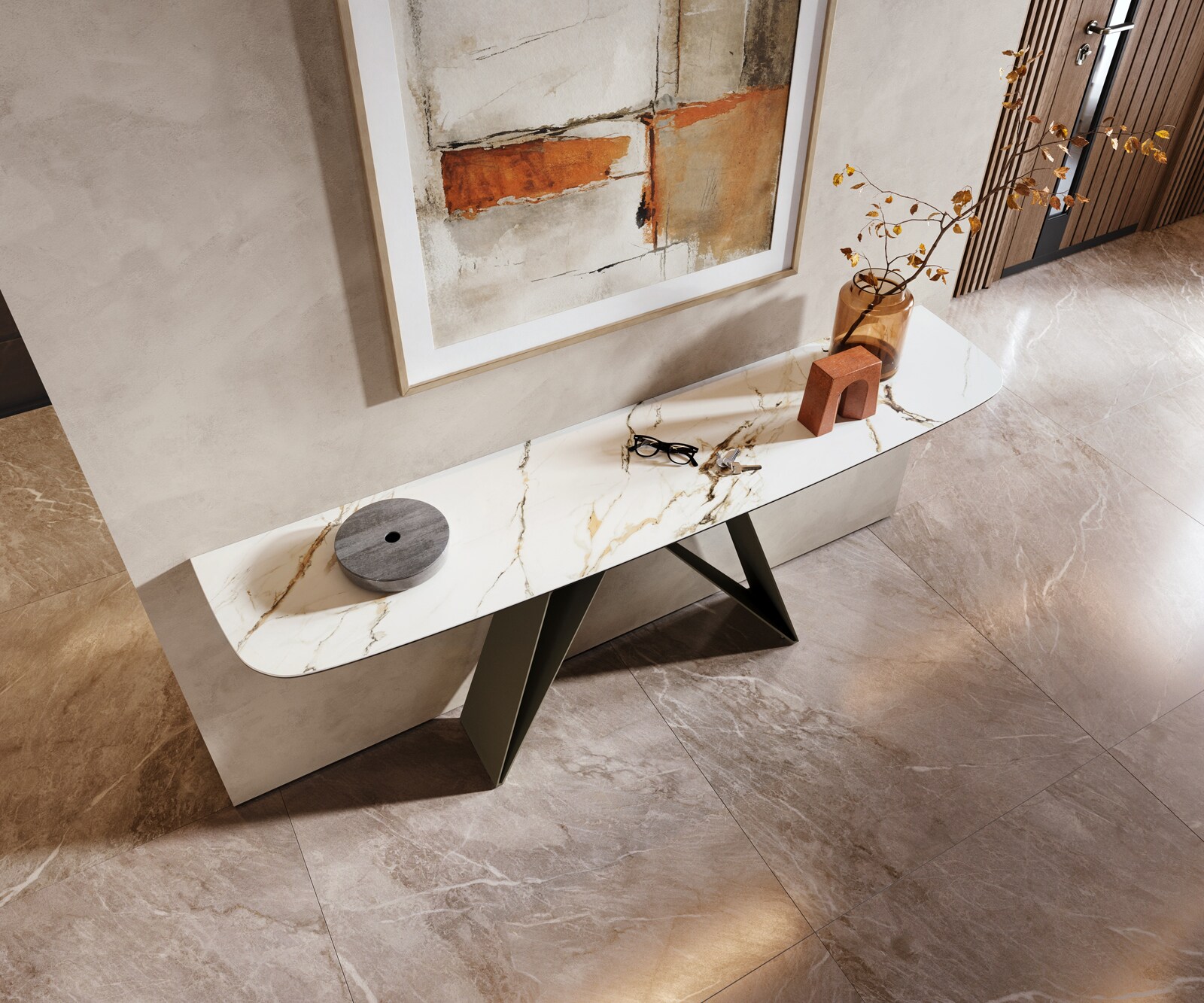 Console Edge forme bateau 180x40 cm Céramique Calacatta Luxe Weiß-Gold-Gris Velio Métal Effektfinish Titan 2