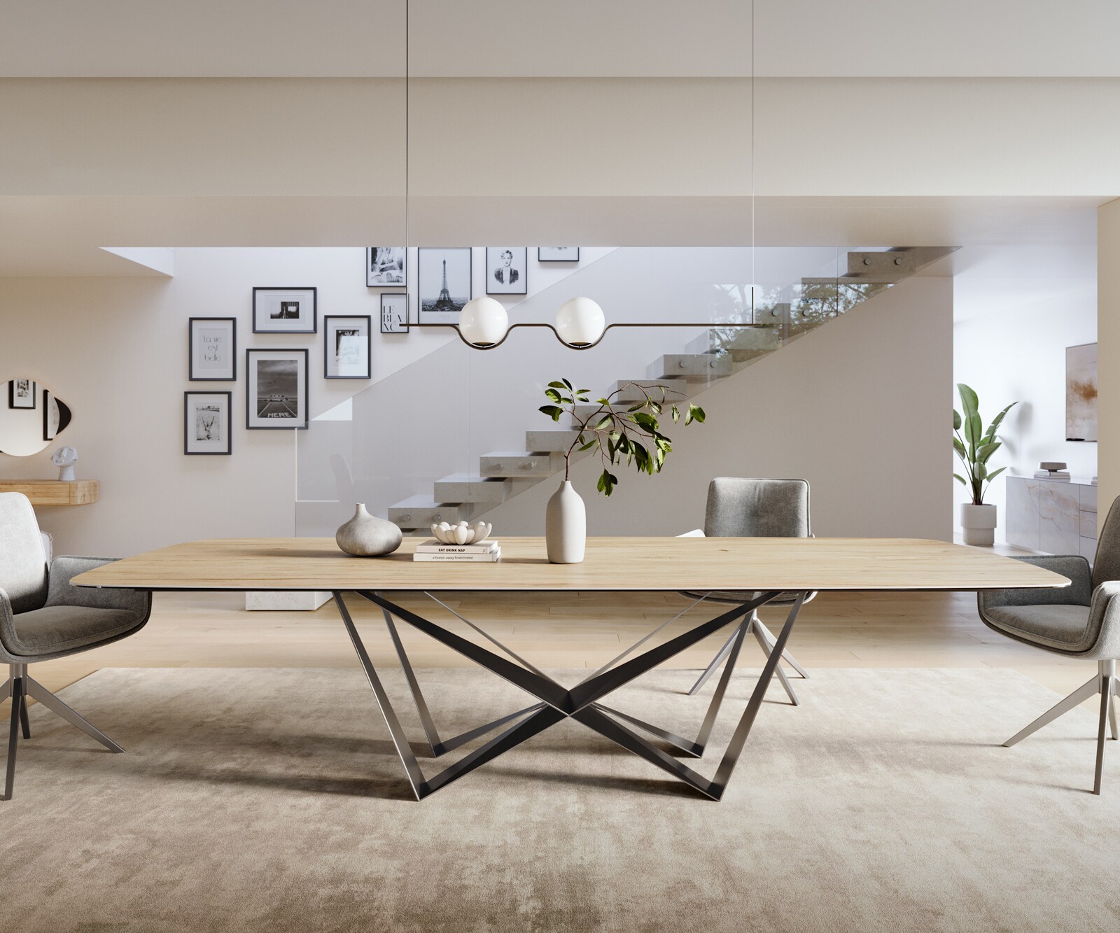 Table à manger Edge Boot 300x120 cm Céramique Laminam® Sabbia Eichefarbig Spider Flachstahl Acier inoxydable Graphite 2