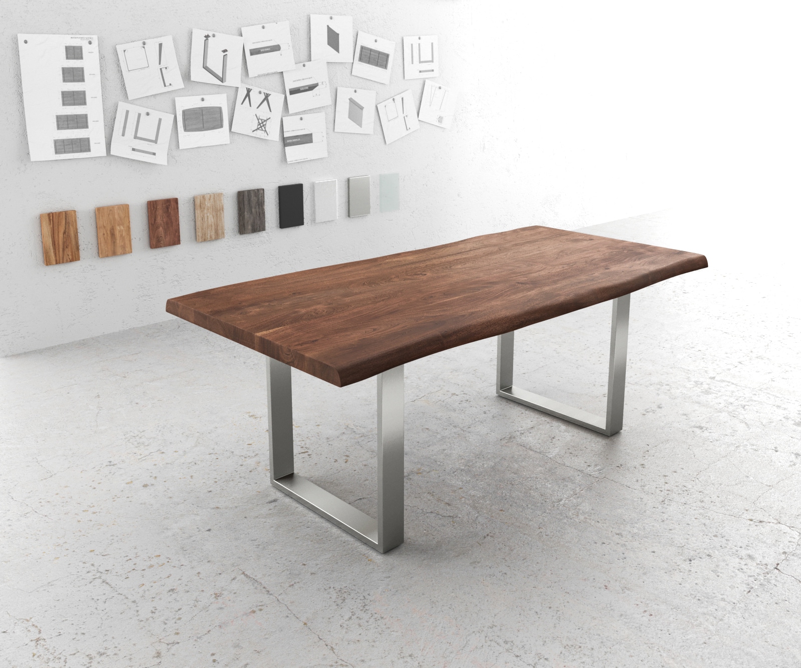 Table-à-manger Edge 200x100 XL acacia marron acier inoxydable mince Live-Edge Table-à-manger Edge 200x100 XL acacia marron acier inoxydable mince Live-Edge