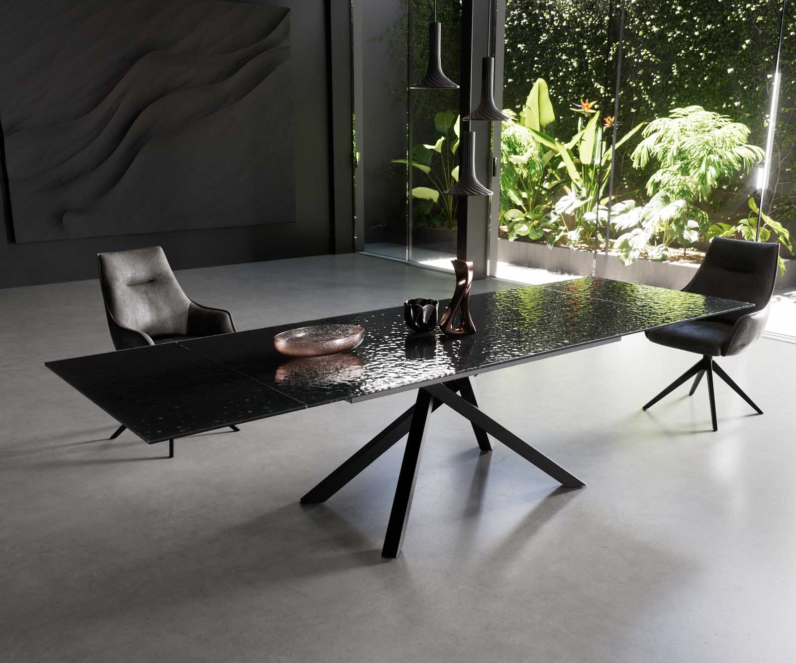 Table à manger Edge 200-300x100 verre fondu noir fumé relief en 3D cadre croisé rectangulaire noir extensible Table à manger Edge 200-300x100 verre fondu noir fumé relief en 3D cadre croisé rectangulaire noir extensible