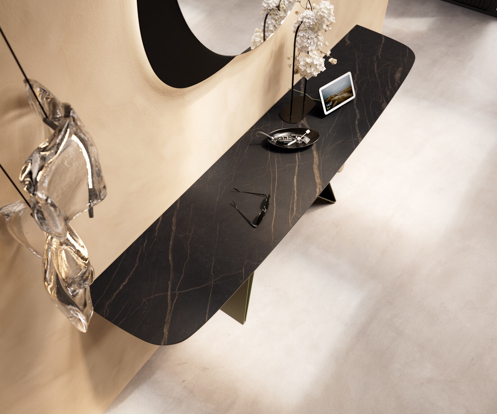 Console Edge forme bateau 180x40 cm Céramique Laminam® Noir Desir Braun Velio Métal Effektfinish Titan 2