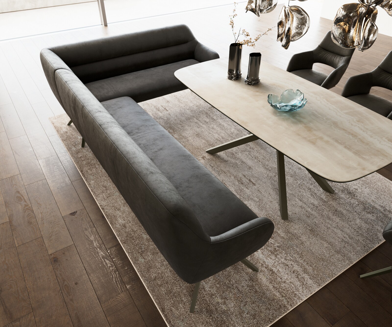 Banc-de-salle-à-manger Taya-Flex 285x190 cm microfibre antracite vintage pied croisé angulaire titane ressort ensaché liens 4