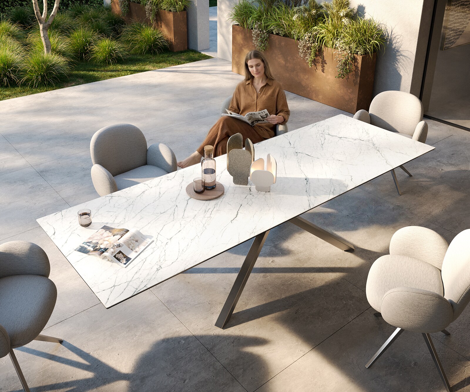 Table d’extérieur Edge 300x100 cm céramique Laminam® Statuarietto blanc piètement croisé rectangulaire en acier inoxydable 3