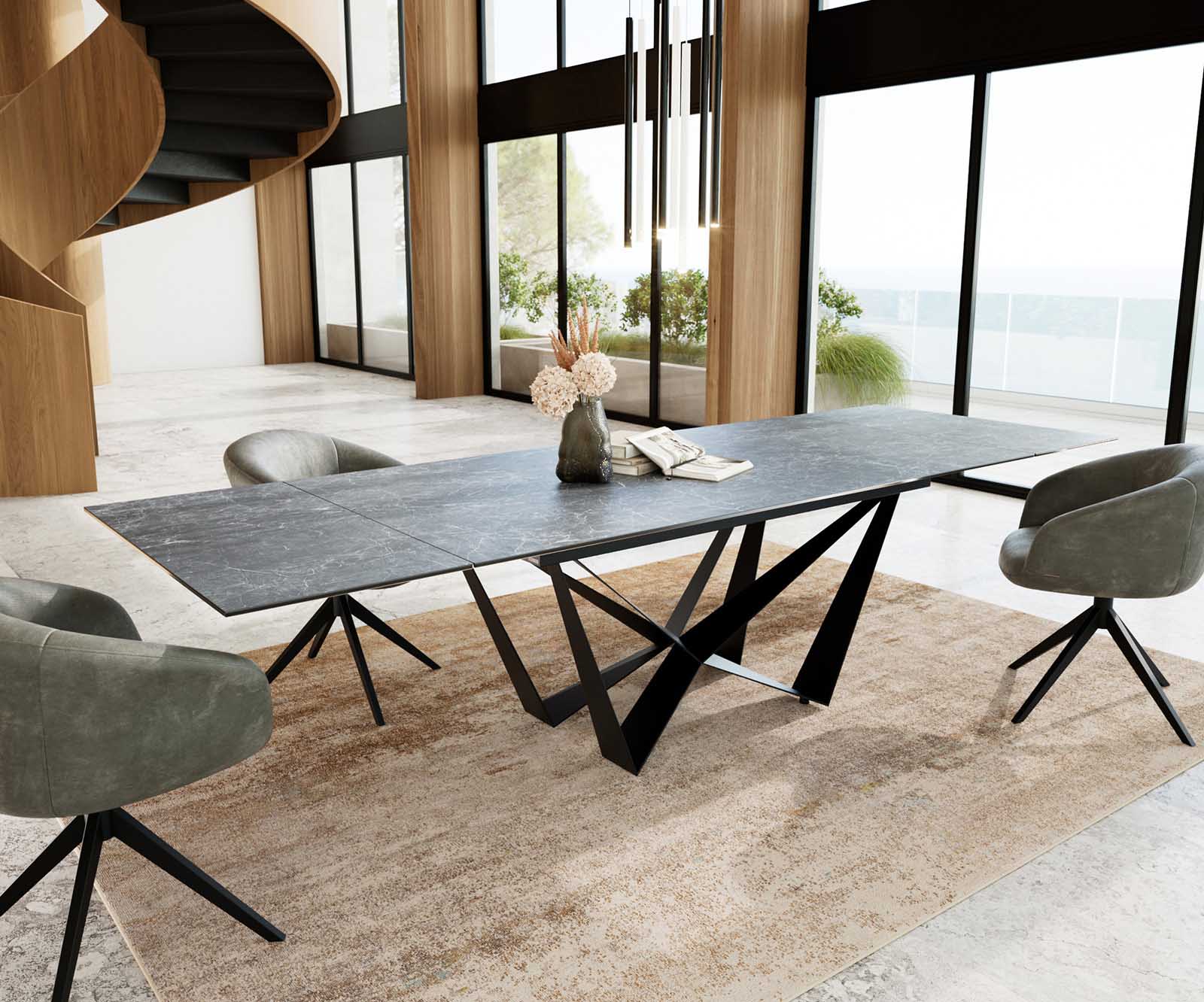 Table à manger Edge 200-300x100 céramique Laminam®Nero Greco gris Spider acier plat noir extensible 4