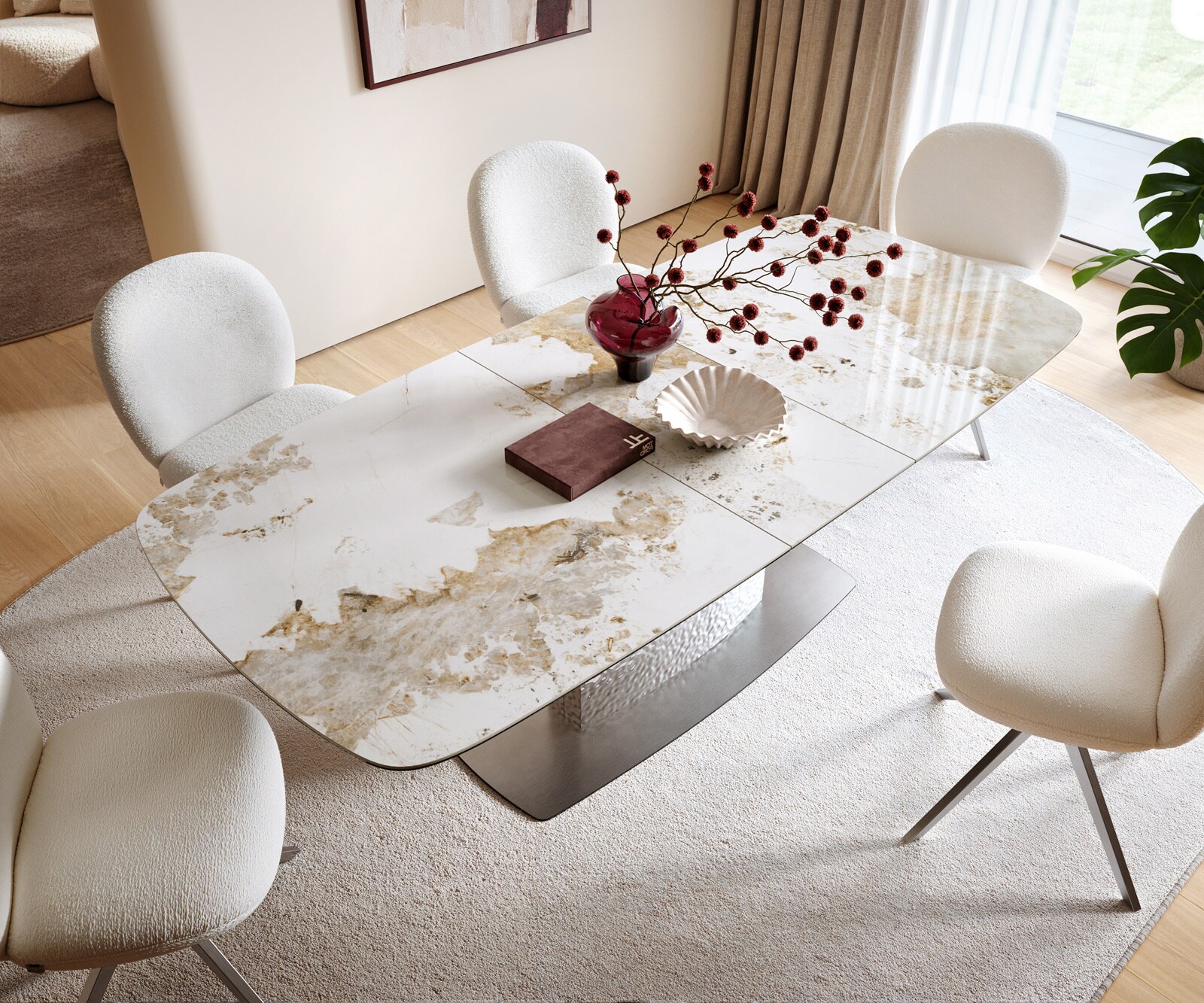 Table à manger Edge 180-220x100cm Céramique Minas Mélange Blanc-Beige Wave acier inoxydable extensible 4