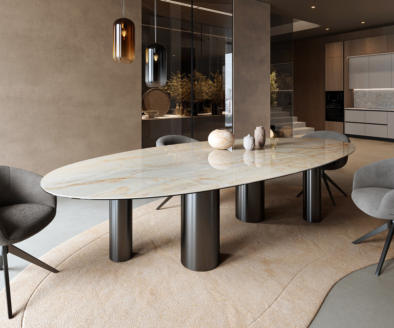 Table à manger Edge Oval 315x150 cm Céramique Iris FMG Onice Oro Pilier Métal Noir 1