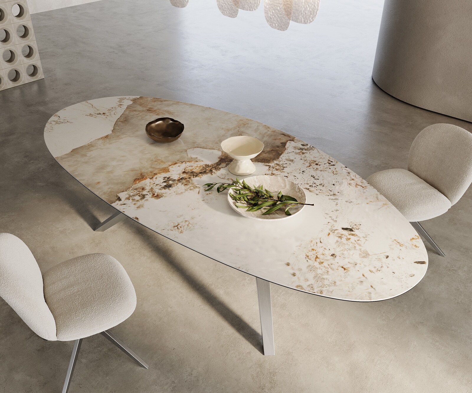 Table à manger Edge Ovale 280x130 Céramique Minas Melange Blanc-Beige Zenthara anguleux Acier inoxydable 2