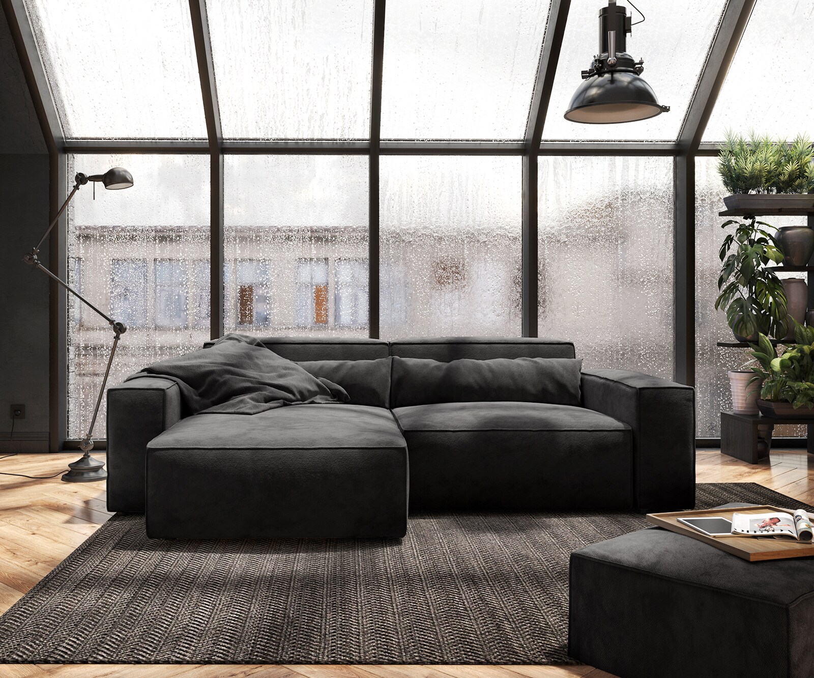 Canapé d'angle Sirpio 230x150 cm Microfibre Noir Recamiere variable avec Tabouret 1