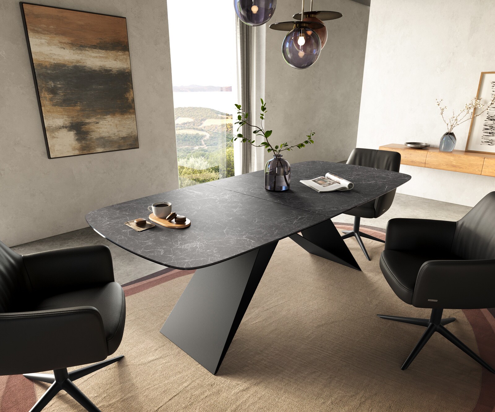 Table à manger Edge Boot 180-220x100 cm Céramique Laminam® Nero Greco Anthracite piètement en V Flachstahl Noir extensible 1