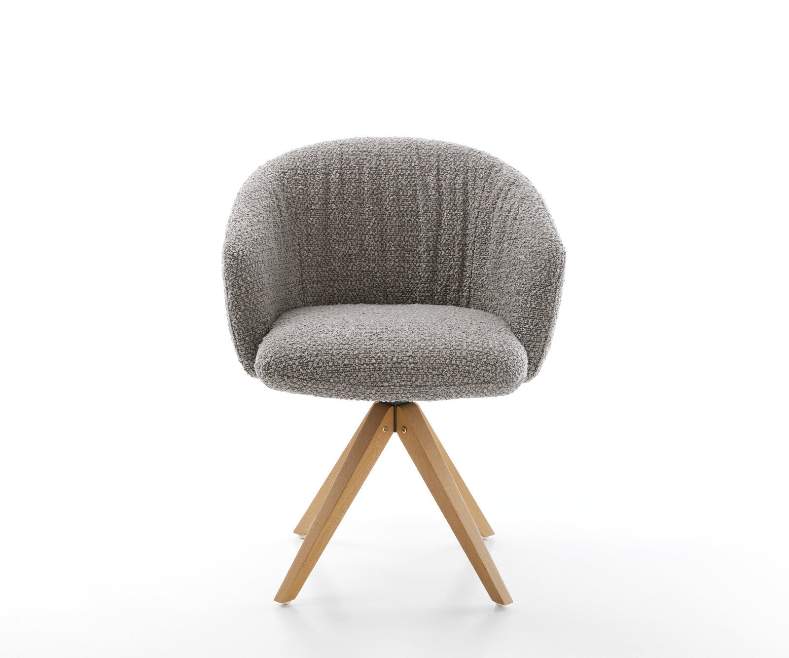 Chaise-pivotante Caja-Flex avec accoudoirs bouclé gris argenté pied en bois angulaire naturel pivotement sur 180° ressorts ensachés 1