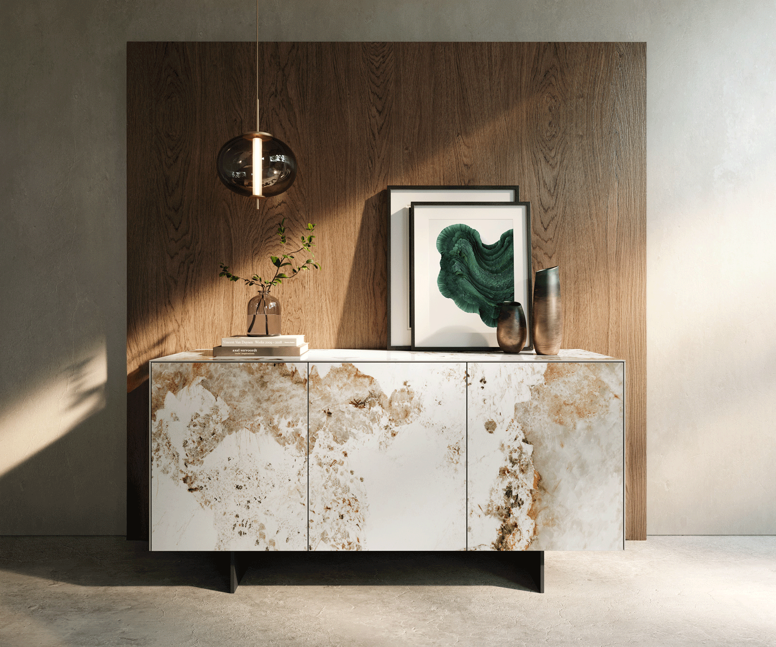Buffet Cuor 150 cm Céramique Minas Melange Blanc-beige 3 Portes Pied optique flottant Métal Noir 1