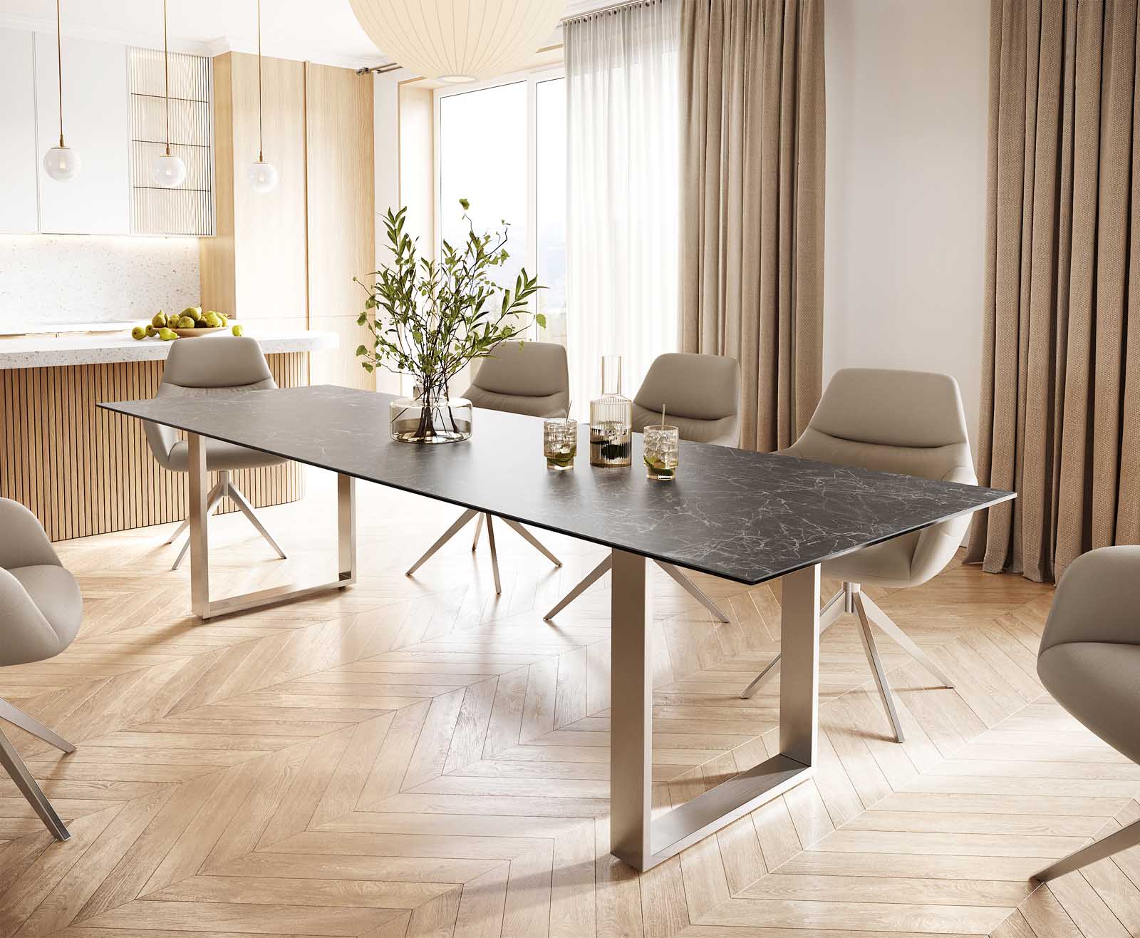 Table-à-manger Edge 300x100 céramique Laminam® nero greco gris inox étroit