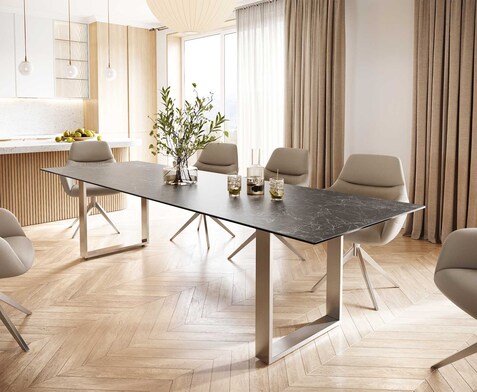 Table-à-manger Edge 300x100 céramique Laminam® nero greco gris inox étroit
