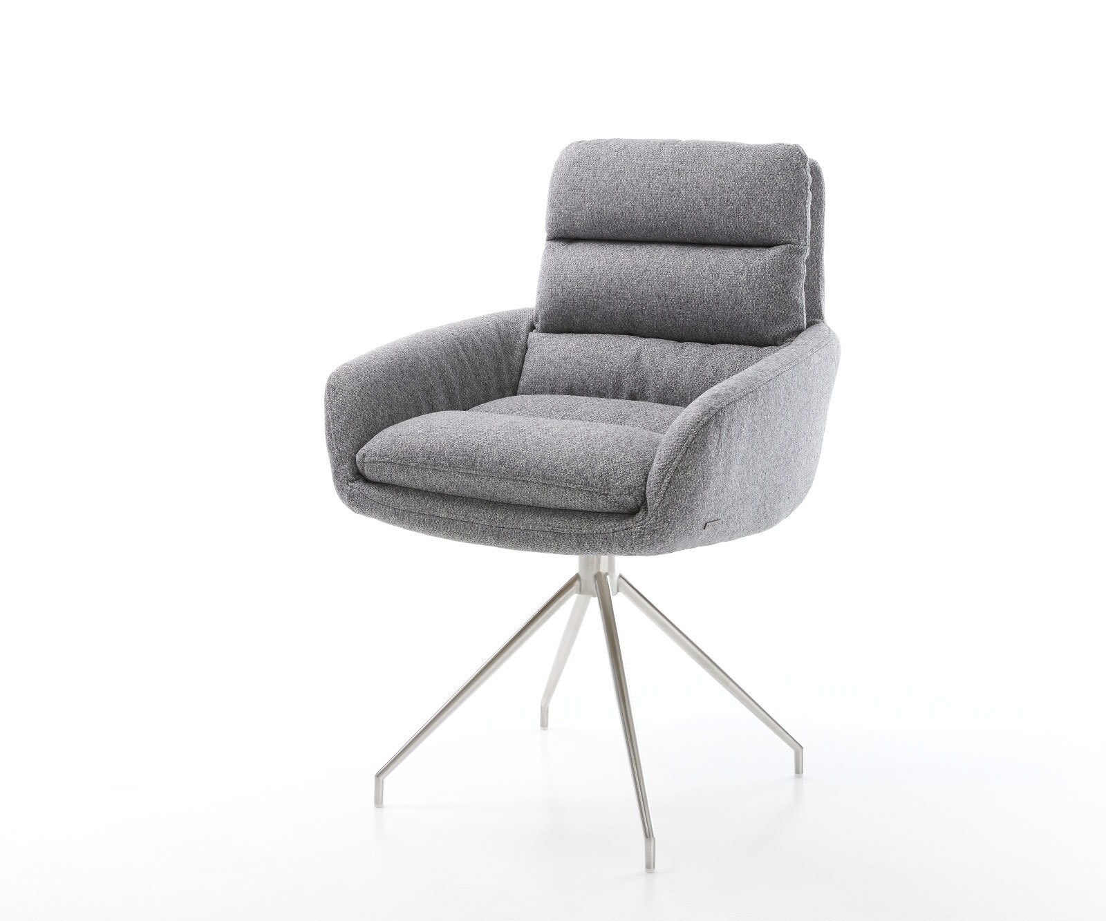 Chaise-de-salle-à-manger Abelia-Flex avec accoudoirs tissu texturé gris clair pied croisé conique acier inoxydable brossé