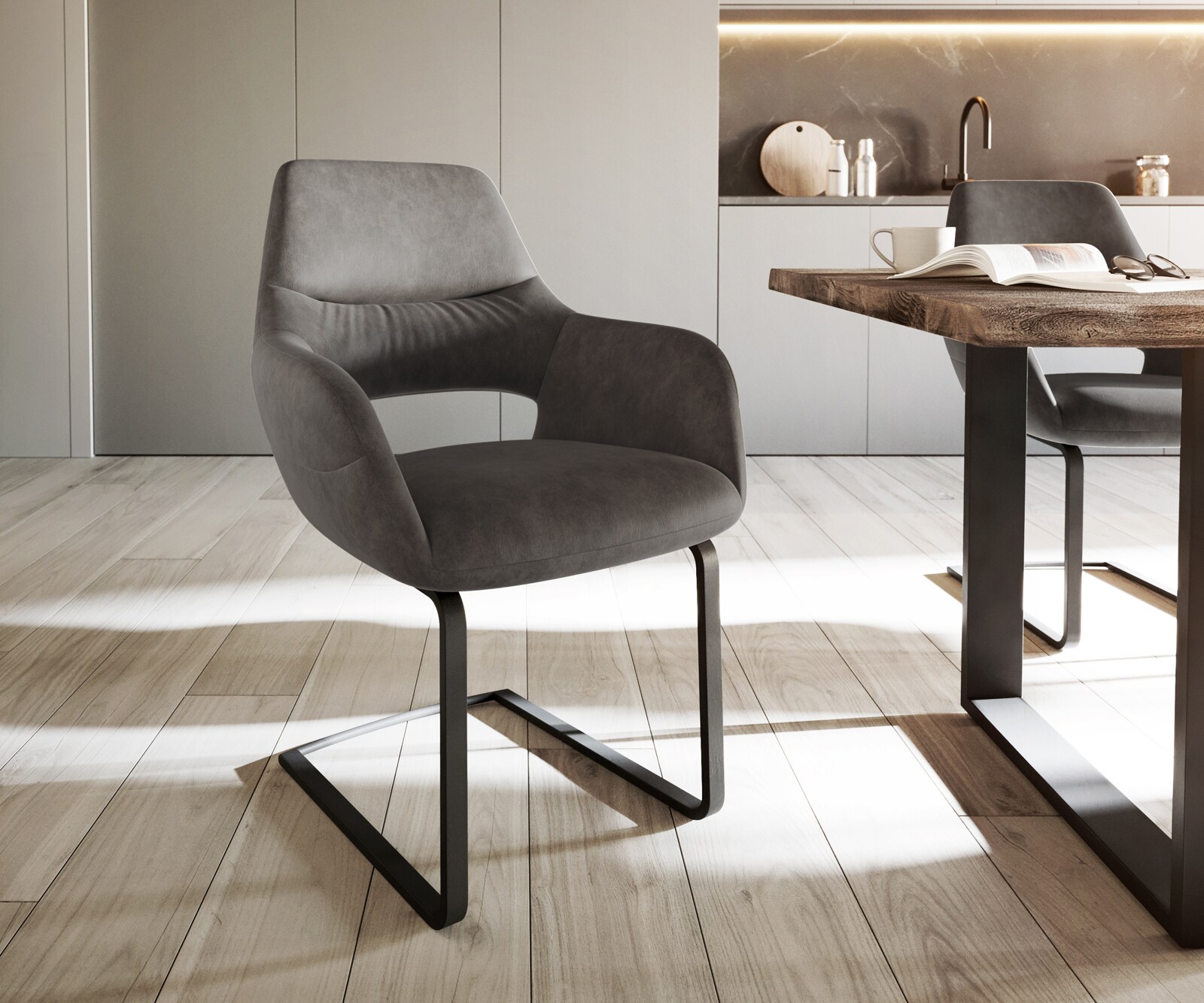 Cantilever Yago-Flex avec accoudoirs microvelours anthracite vintage pied cantilever plat noir ressorts ensachés