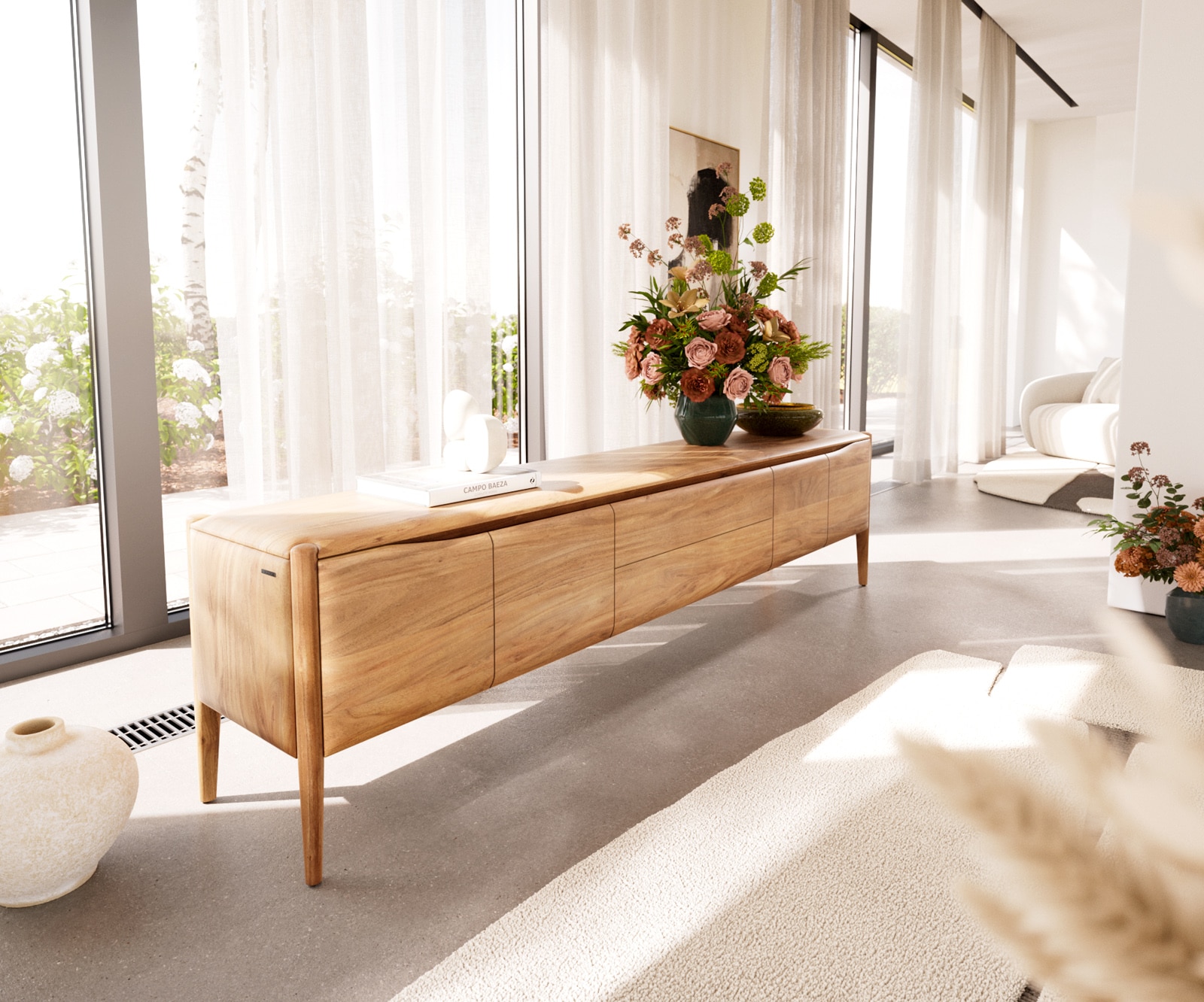 Meuble-TV Simcha 220 cm acacia naturel 4 portes 2 tiroirs 1