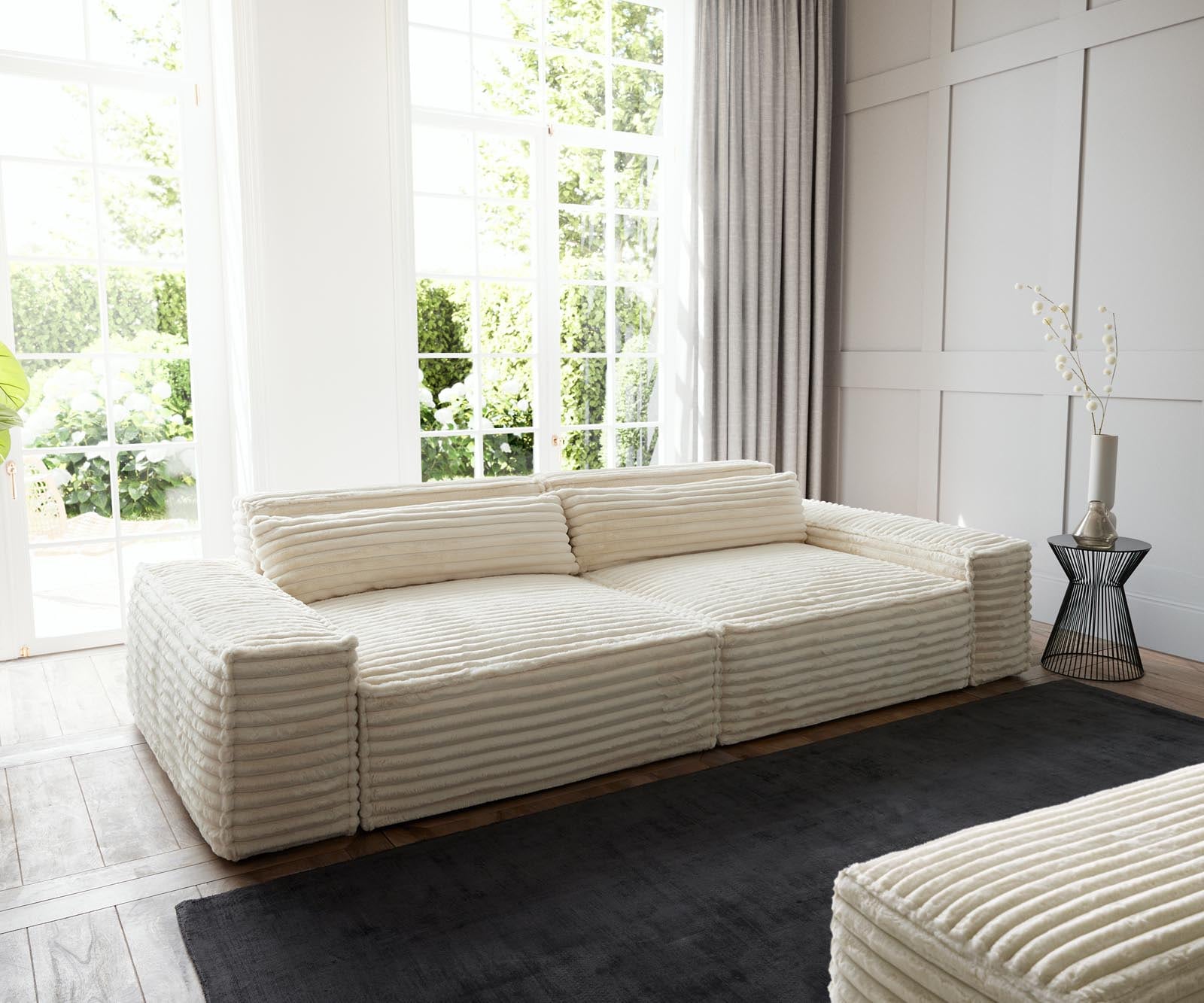 Grand Canapé Sirpio XL 270x130 cm velours côtelé beige avec pouf Grand Canapé Sirpio XL 270x130 cm velours côtelé beige avec pouf