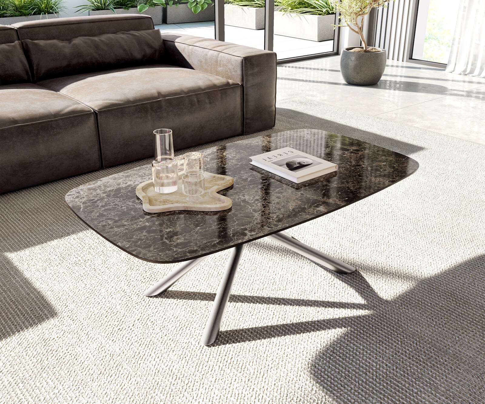 Table basse Edge Boot 120x70 cm céramique Laminam® Emperador Extra Lucidato brun foncé Sarity acier inoxydable brossé 1