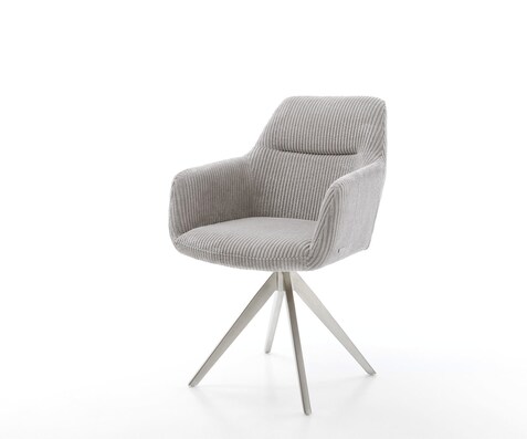 Chaise-de-salle-à-manger Pejo-Flex côtelé gris argenté pied croisé angulaire acier inoxydable brossé ressorts ensachés