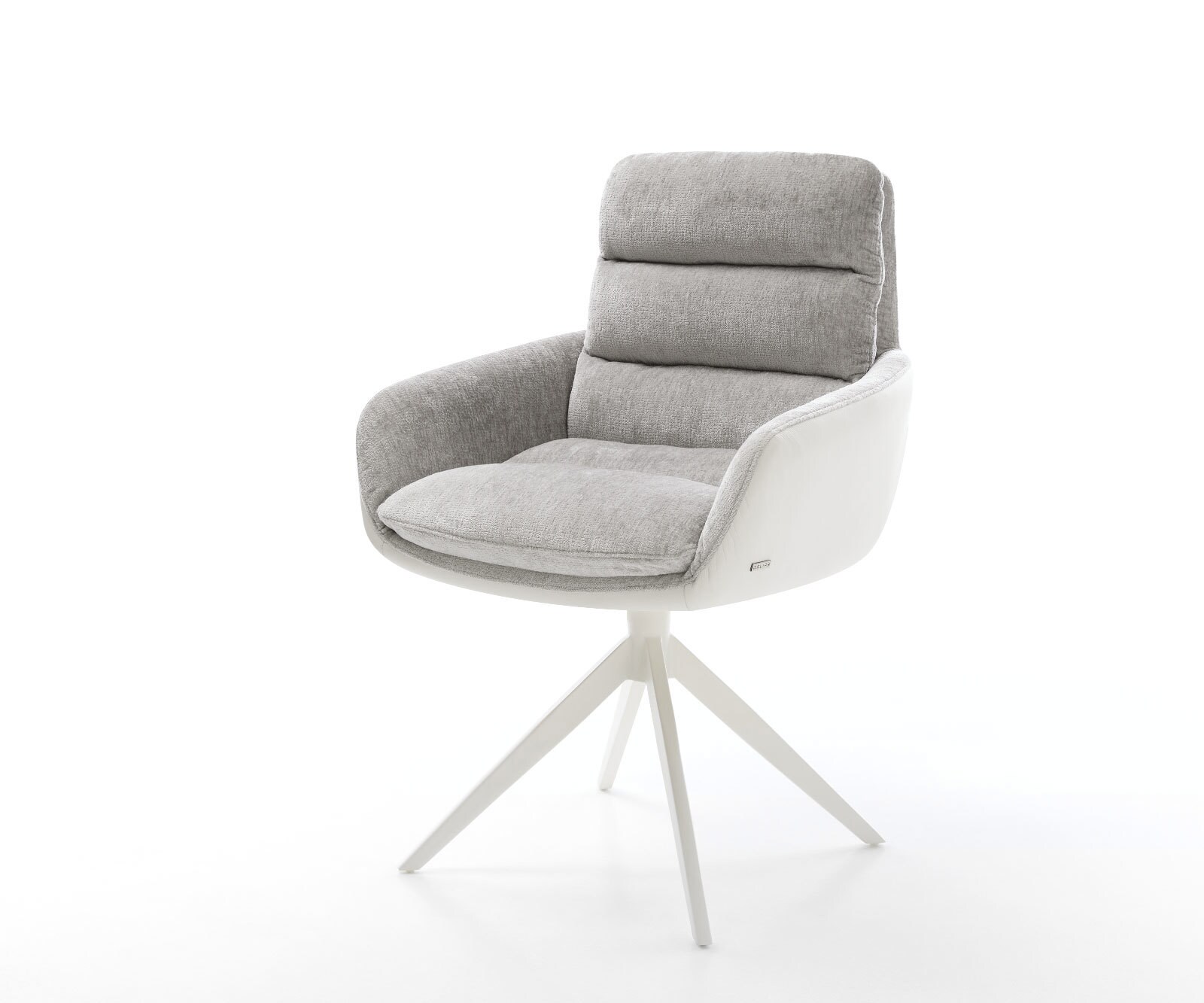 Chaise-pivotante Abelia-Flex avec accoudoirs tissu mixte cuir de vache blanc-gris argenté pied croisé large blanc pivotement sur 360° fonction bascule
