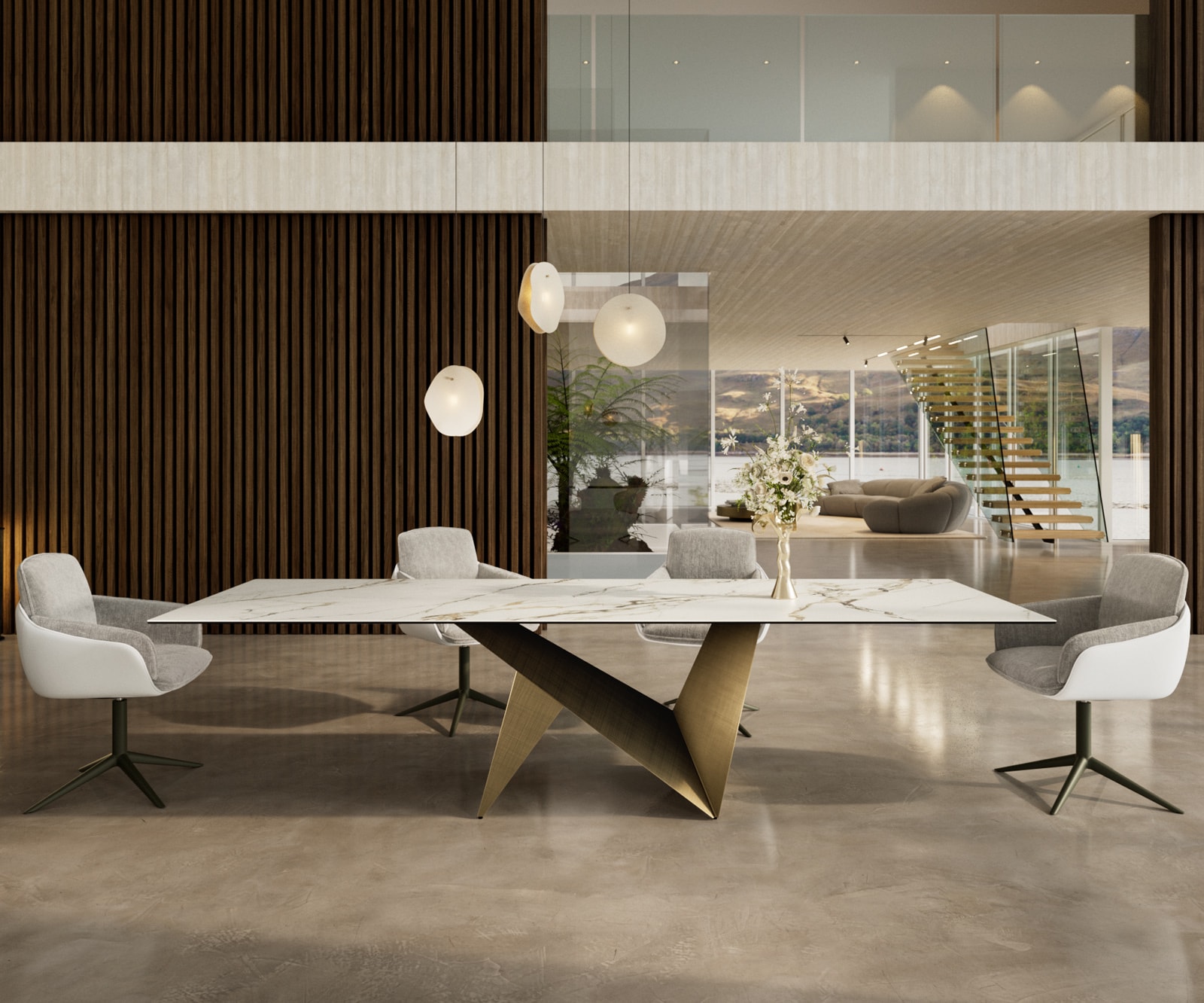 Table à manger Edge 300x100 céramique Calacatta Luxe blanc-doré-gris Origami métallique doré Table à manger Edge 300x100 céramique Calacatta Luxe blanc-doré-gris Origami métallique doré