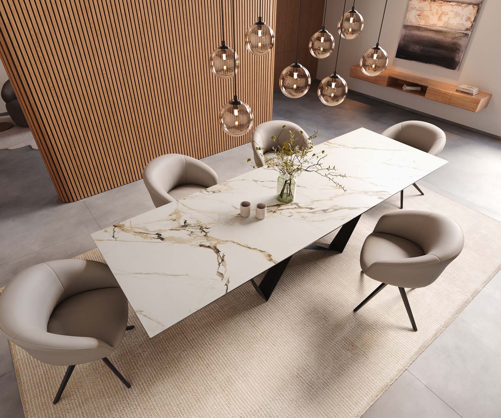 Table à manger Edge 300x100 céramique Calacatta Luxe blanc-doré-gris Spider acier plat noir 6