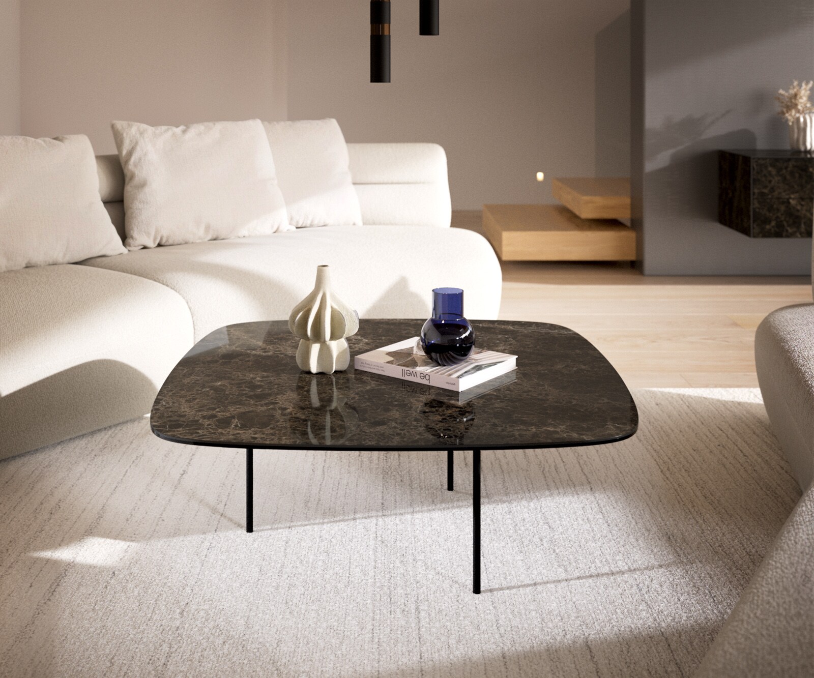 Table basse Edge Boot 90x90 cm céramique Laminam® Emperador Extra Lucidato brun foncé Trive métal noir 2