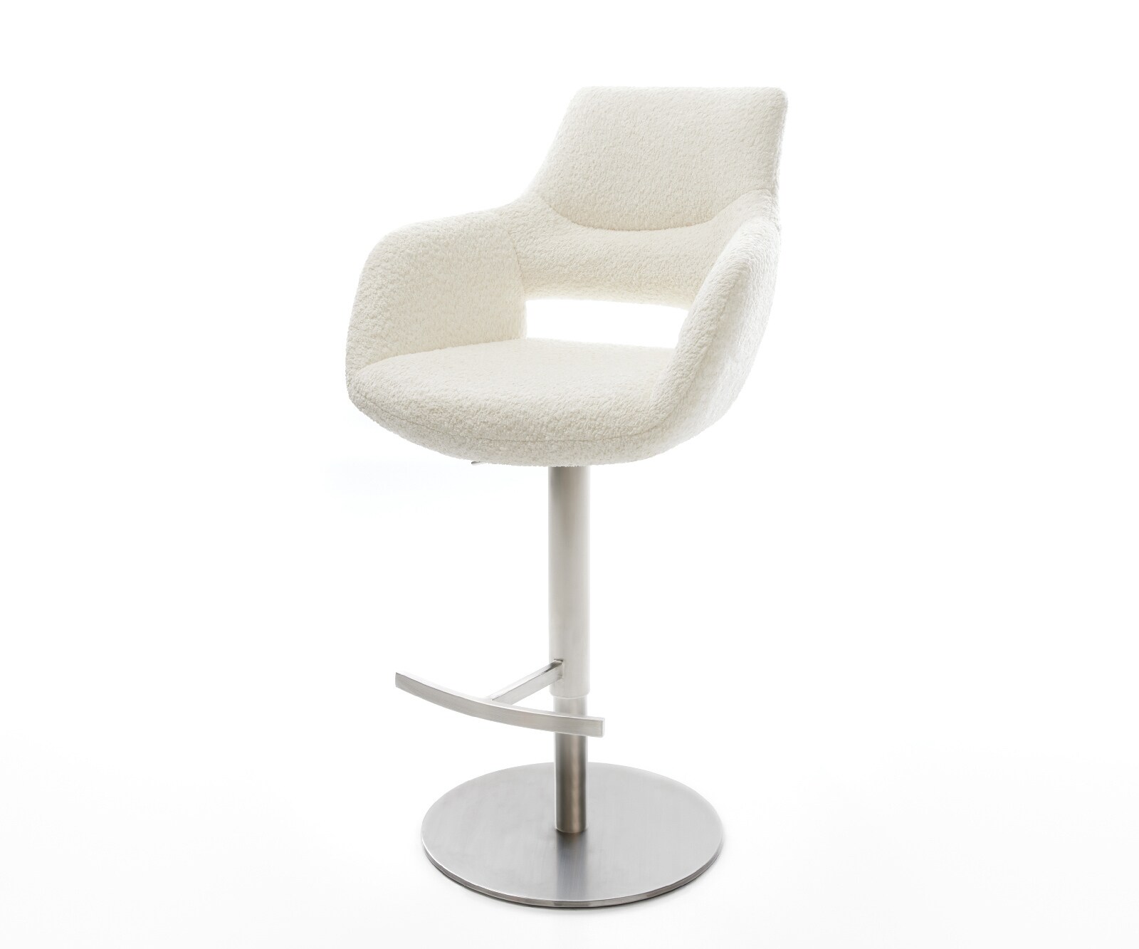 Chaise-de-bar Yago-Flex Bouclé Blanc Pied pivotant réglable en hauteur Acier inoxydable pivotant Ressorts ensachés